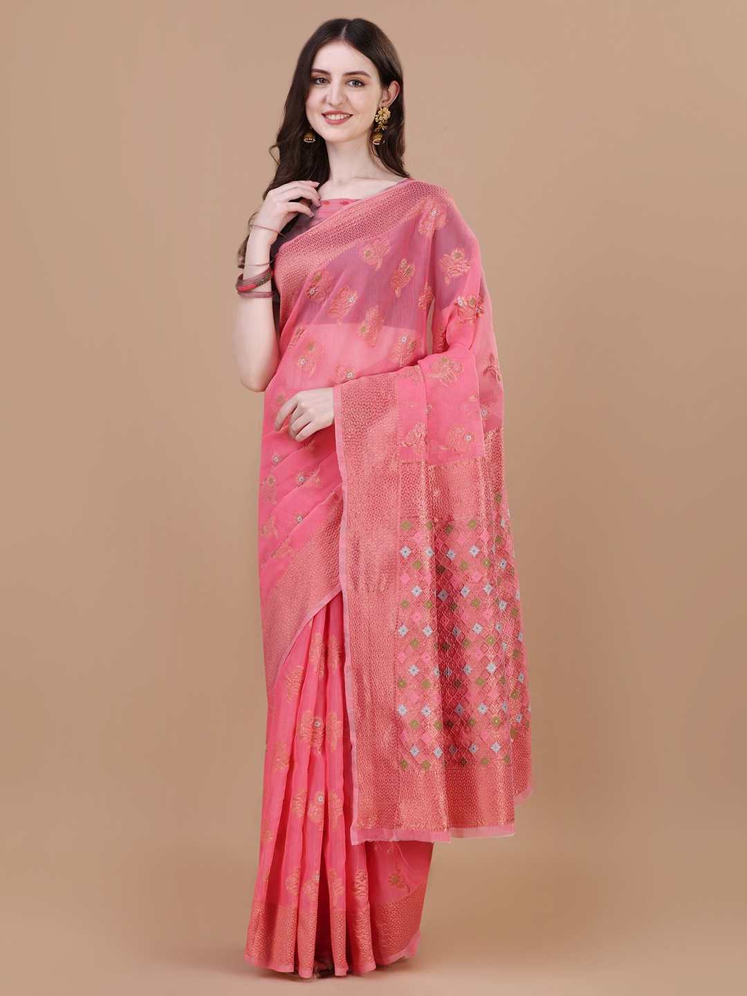 

MAGMINA Floral Woven Design Zari Banarasi Saree, Pink
