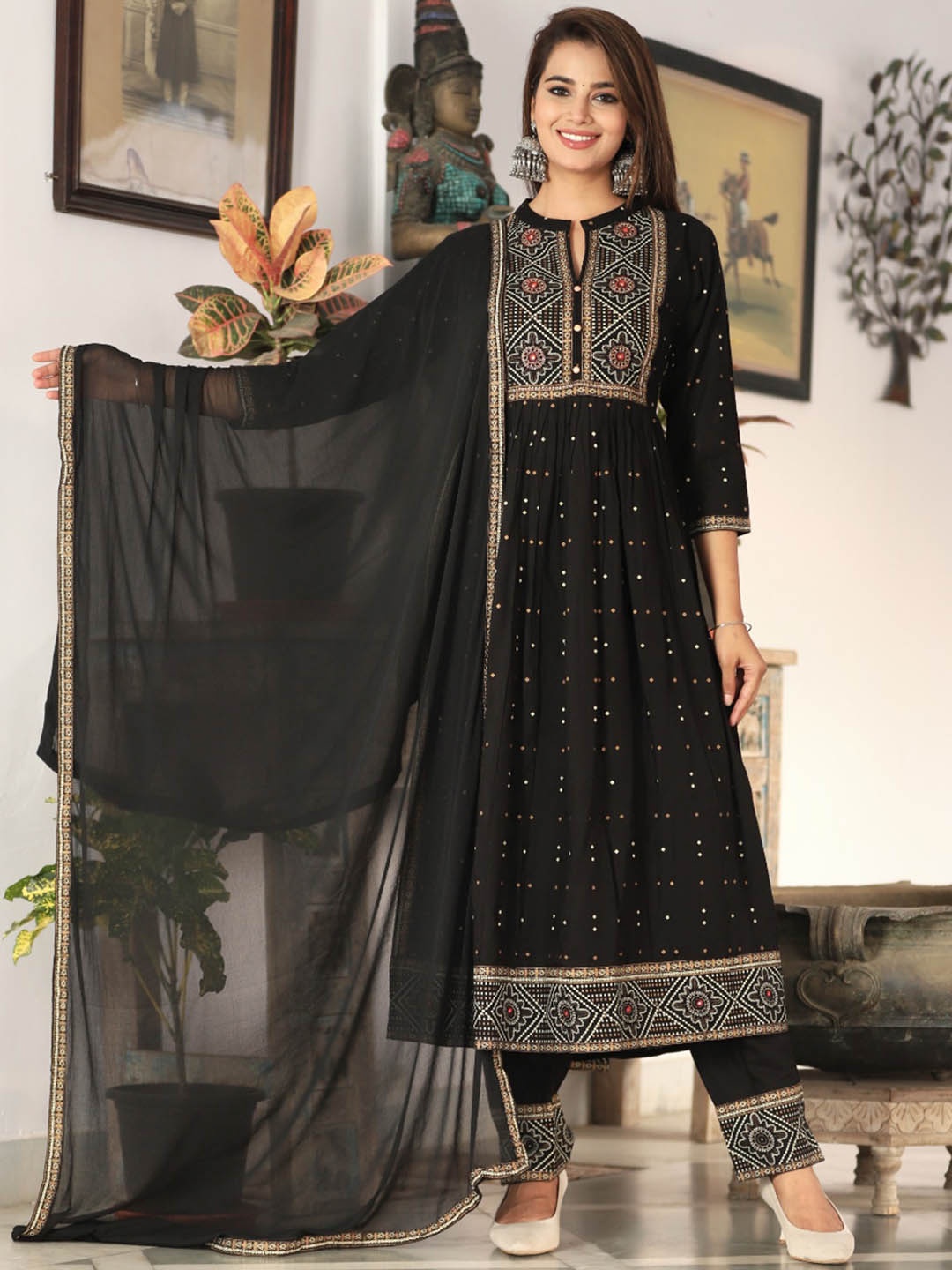 

KALINI Ethnic Motifs Printed Gotta Patti Kurta With Trousers & Dupatta, Black