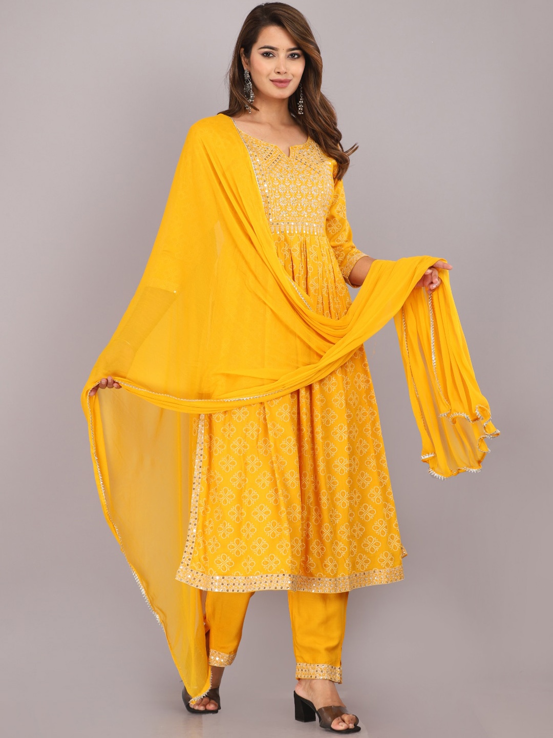 

KALINI Ethnic Motifs Embroidered Empire Gotta Patti Kurta With Trousers & Dupatta, Mustard