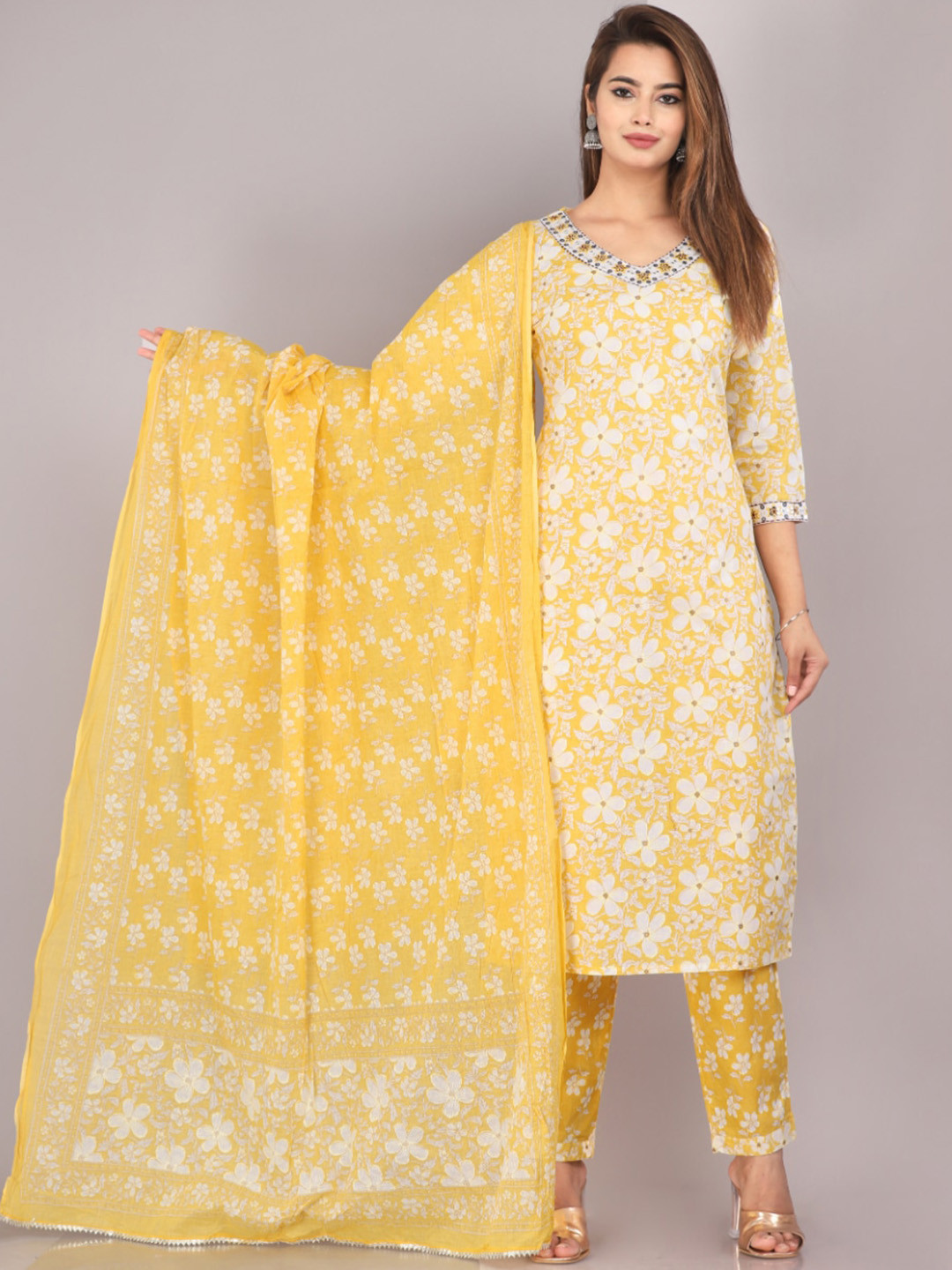 

KALINI Floral Printed Regular Mirror Work Pure Cotton Kurta with Trousers & Dupatta, Yellow