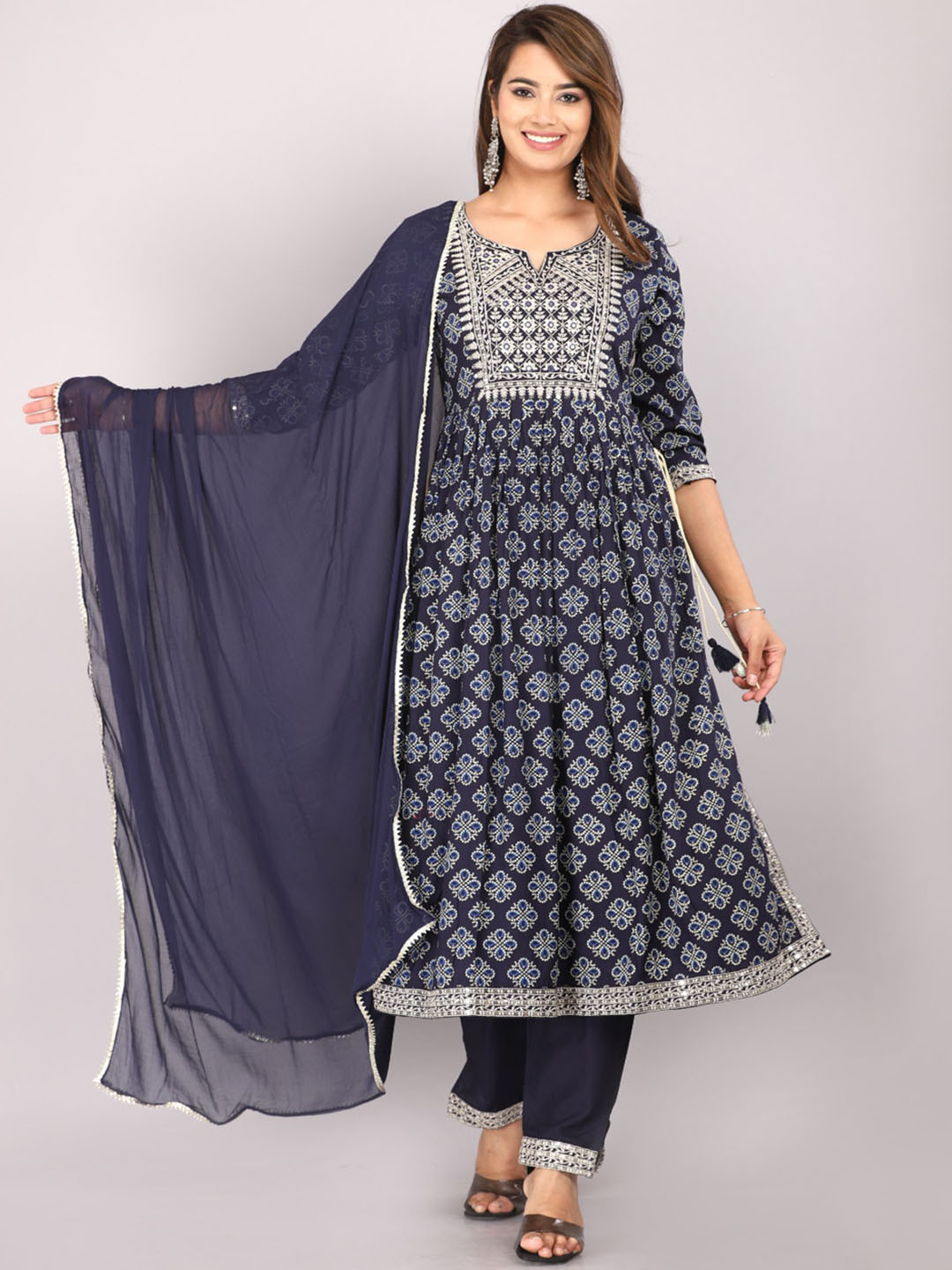 

KALINI Ethnic Motifs Printed Pleated Mirror Work Kurta with Trousers & Dupatta, Navy blue