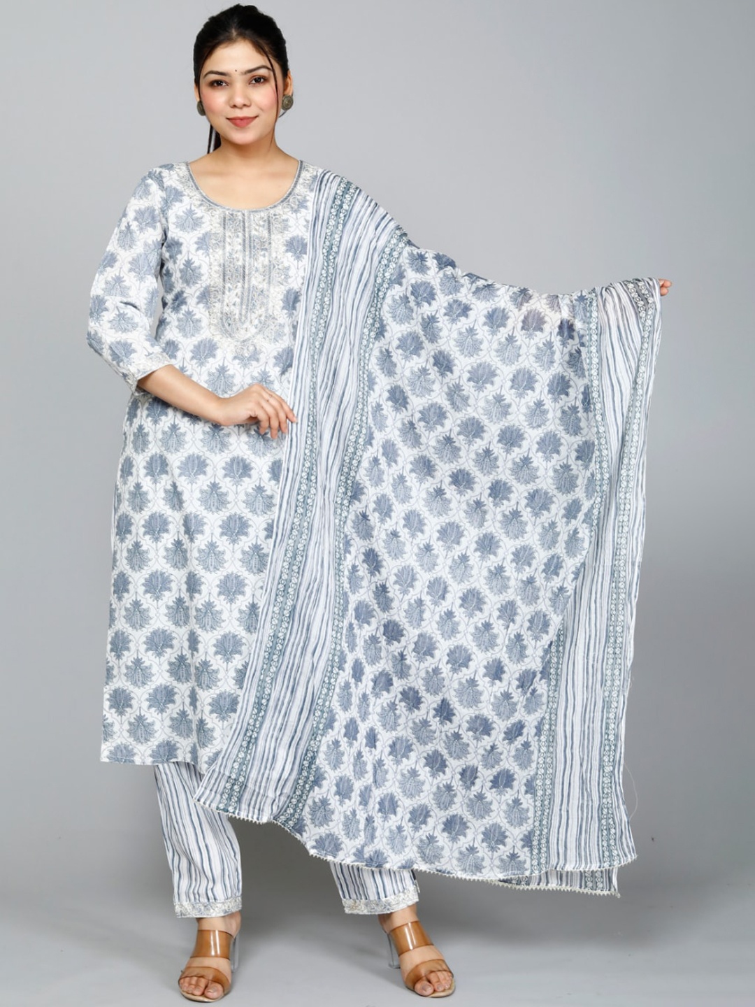 

KALINI Ethnic Motifs Printed Pure Cotton Kurta With Trousers & Dupatta, Grey