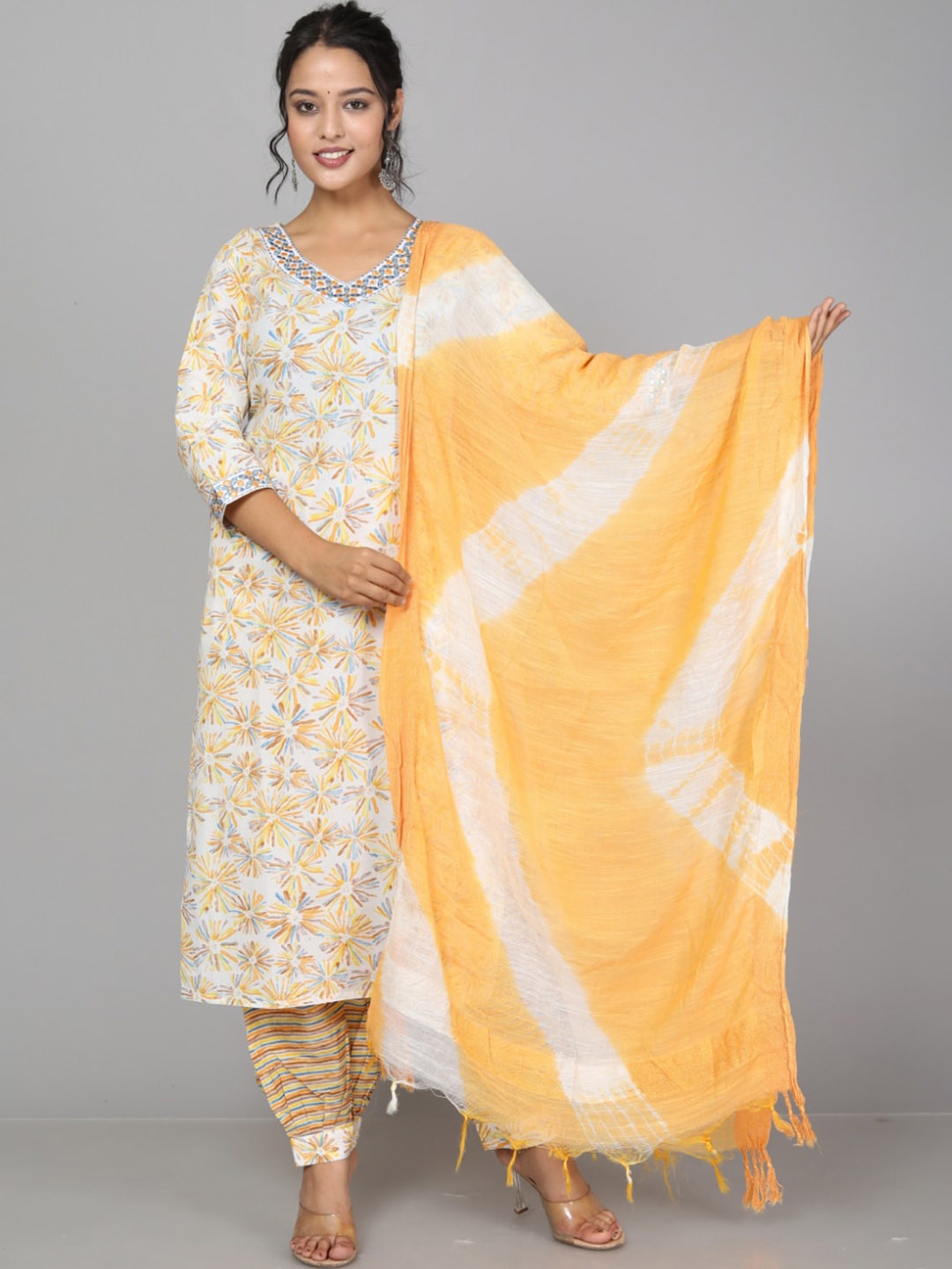 

KALINI Floral Printed Pure Cotton Kurta With Trousers & Dupatta, Yellow