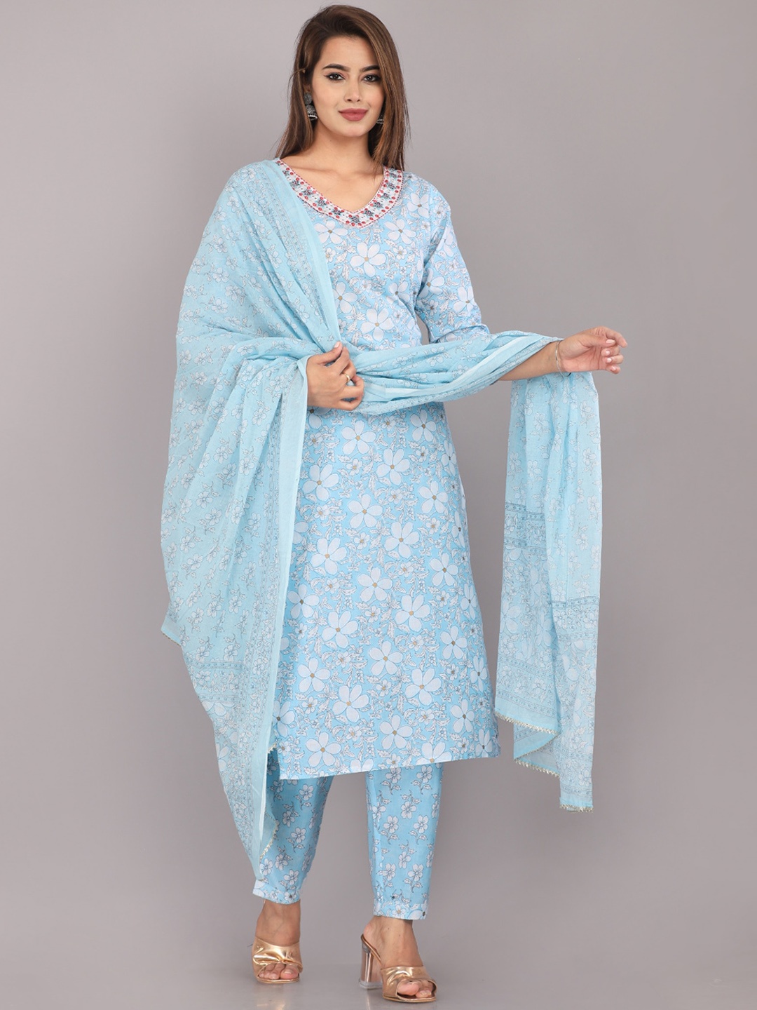 

KALINI Floral Printed Thread Work Pure Cotton Kurta With Trousers & Dupatta, Blue