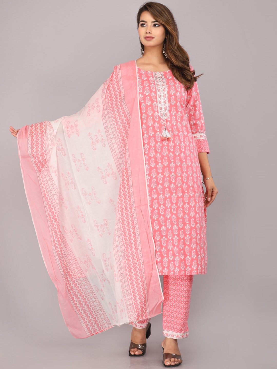 

KALINI Paisley Printed Pure Cotton Kurta With Trousers & Dupatta, Pink