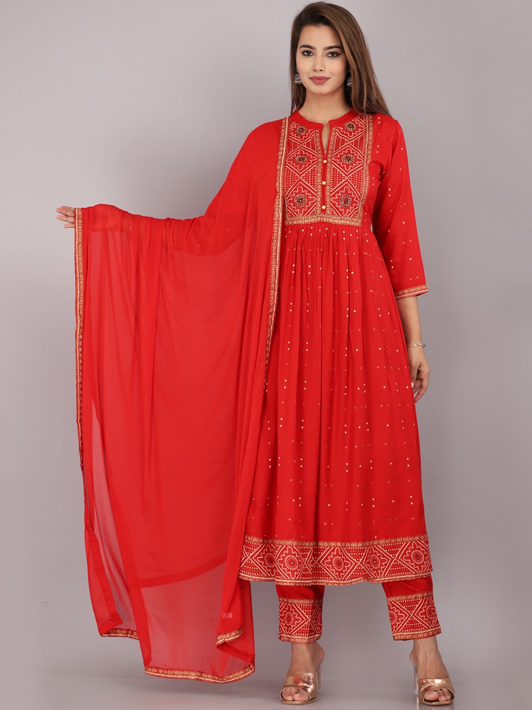 

KALINI Bandhani Yoke Design Anarkali Kurta With Trousers & Dupatta, Red