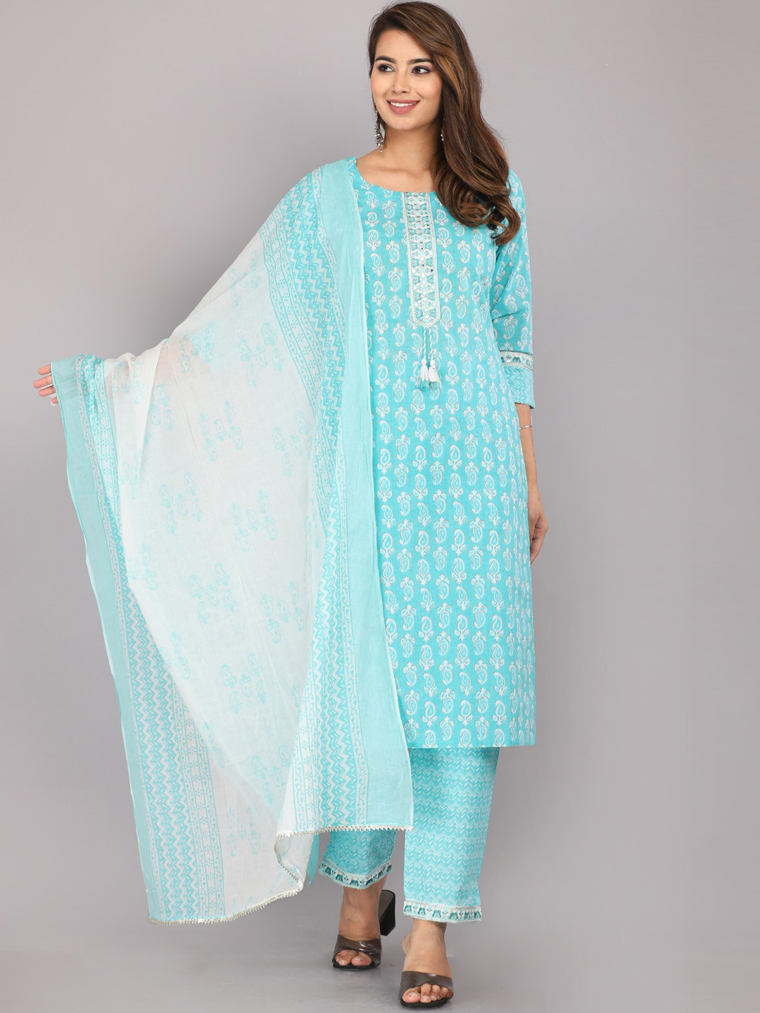 

KALINI Ethnic Motifs Printed Pure Cotton Kurta With Palazzos & Dupatta, Blue