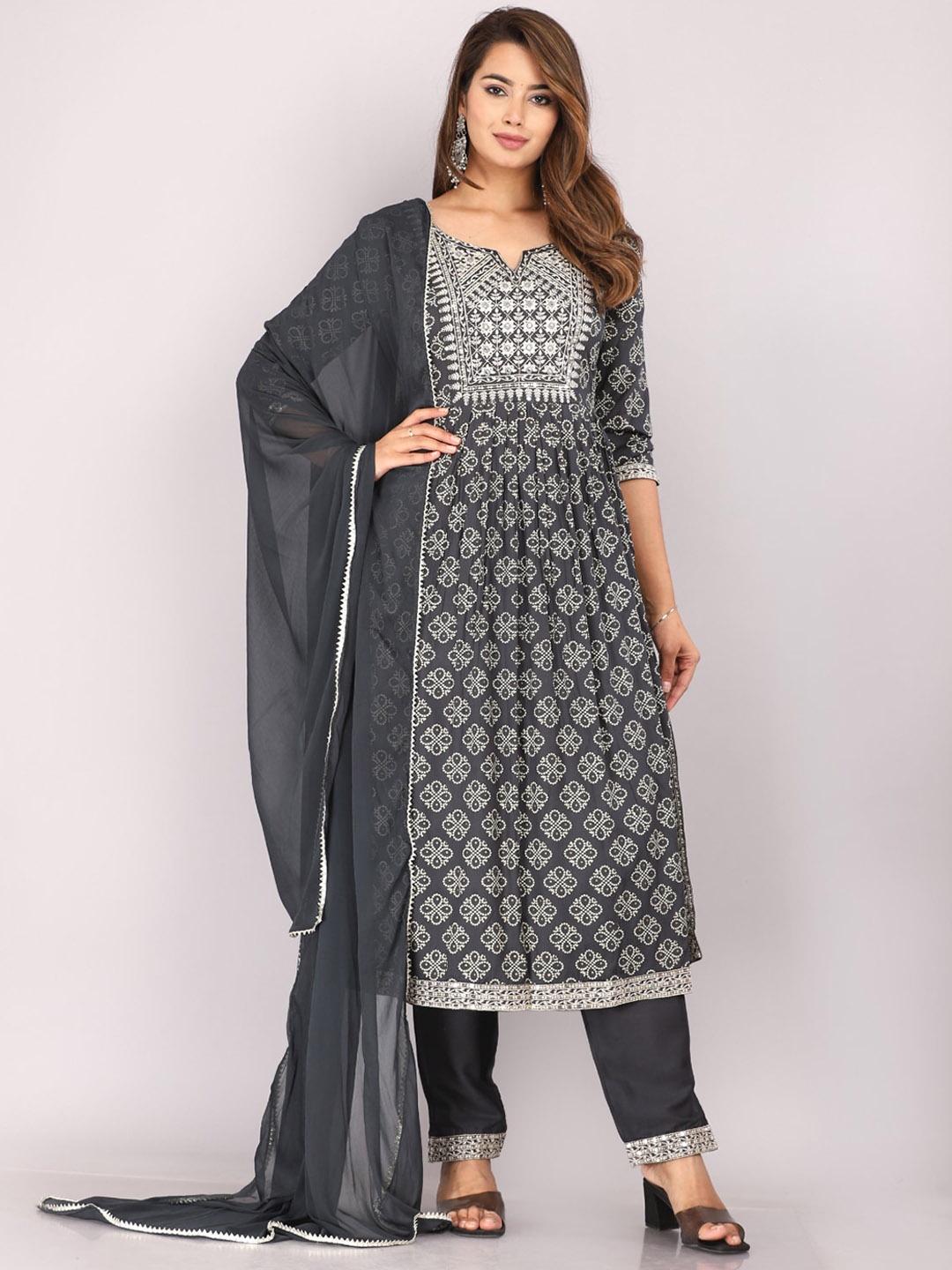 

KALINI Floral Printed Kurta With Trousers & Dupatta, Grey
