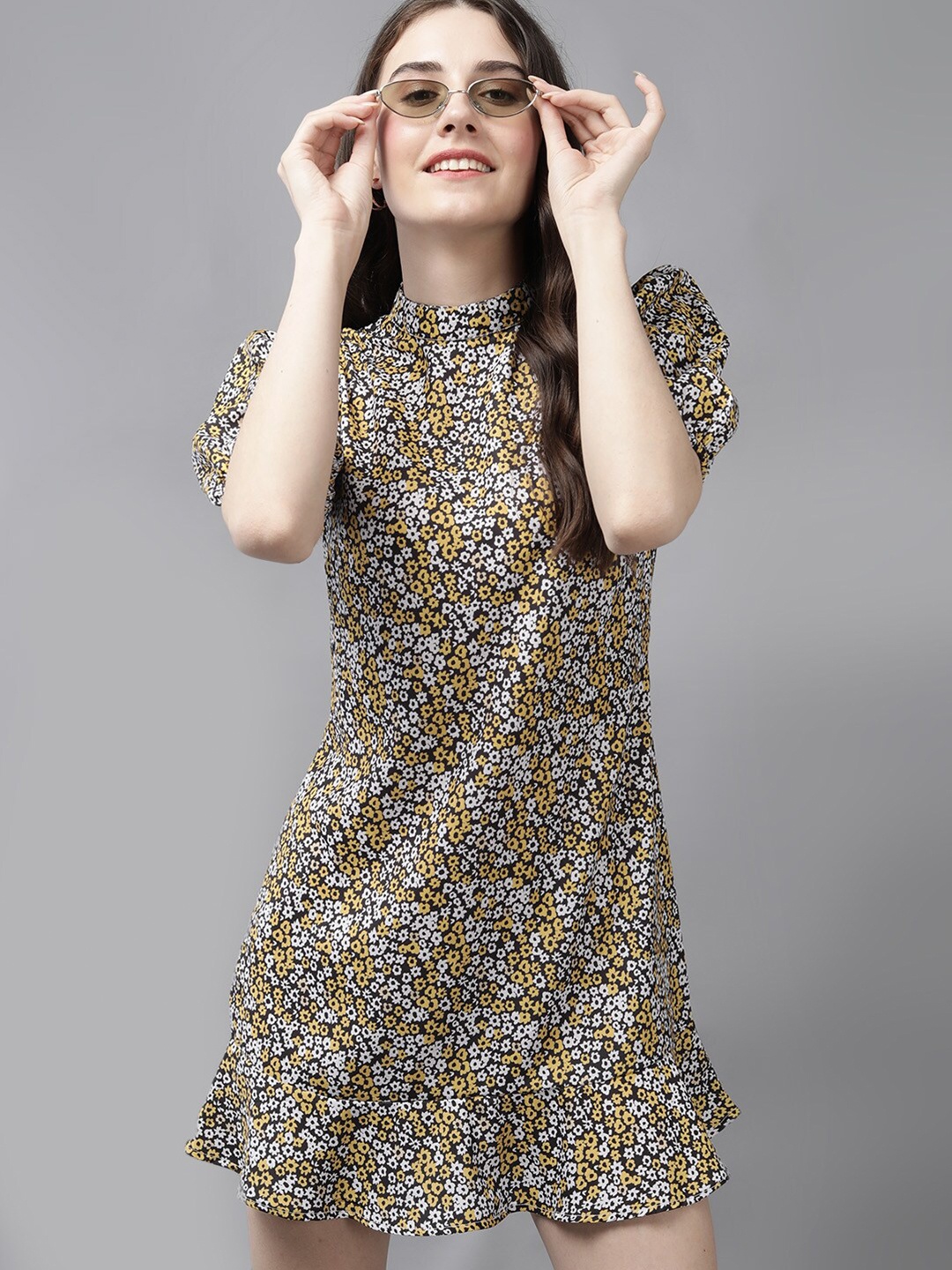 

Mast & Harbour Floral Printed High Neck Gathered Deatil Sheath Dress, Yellow