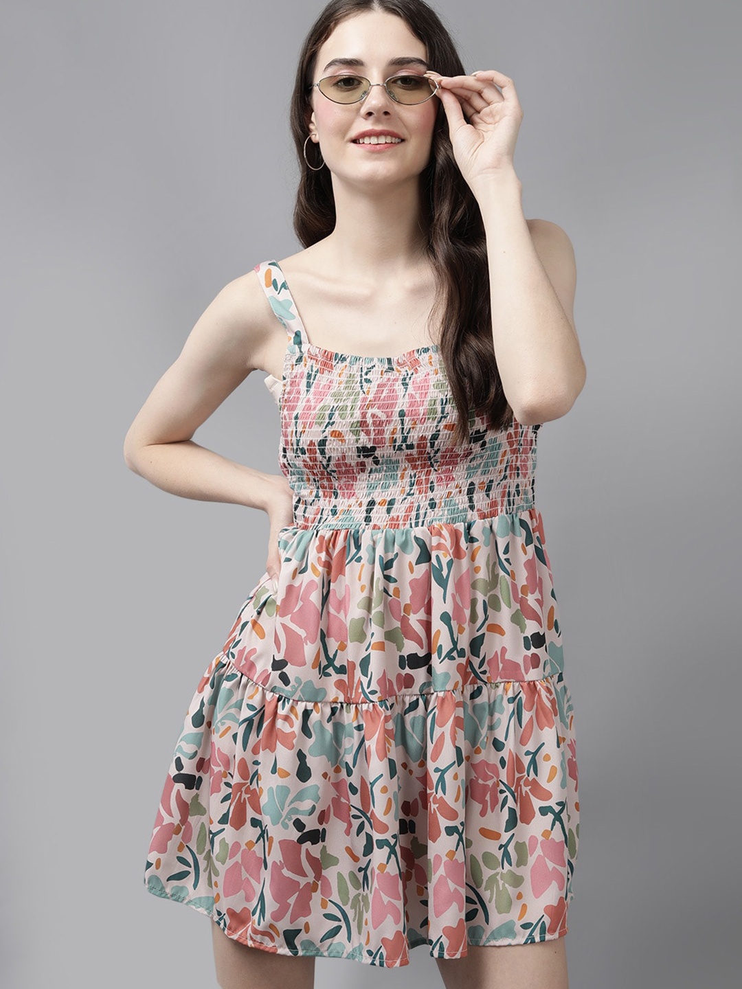 

Mast & Harbour Cream-Coloured Floral Printed Crepe Fit & Flare Dress
