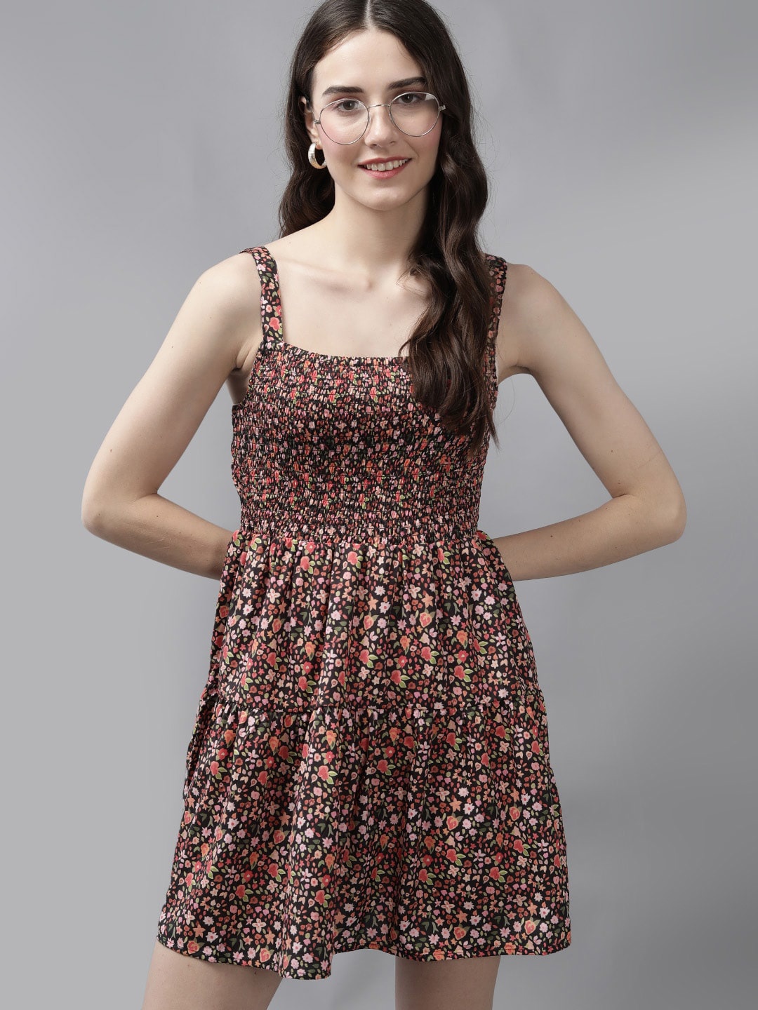 

Mast & Harbour Floral Printed Shoulder Straps Smocked Detail Fit & Flare Dress, Maroon