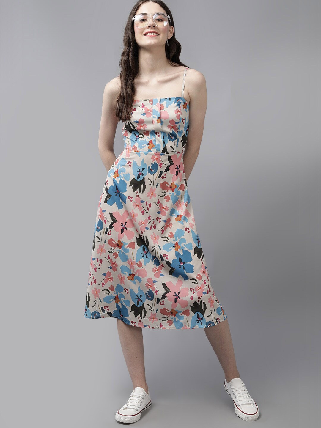 

Mast & Harbour Off White Floral Printed Shoulder Straps Smocked A-Line Midi Dress