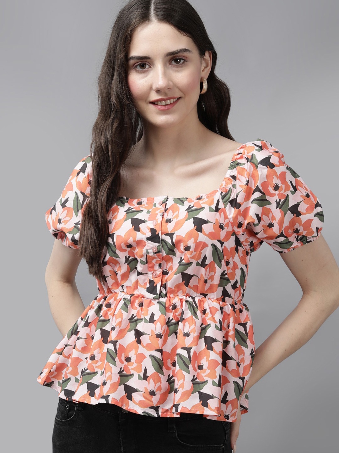 

Mast & Harbour Orange Floral Printed Square Neck Puff Sleeves Cinched Waist Top