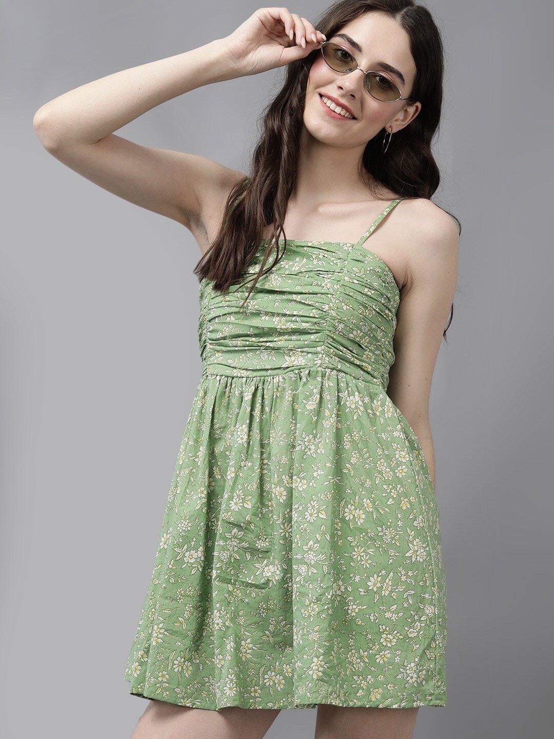 

Mast & Harbour Green Floral Printed Crepe Fit & Flare Dress