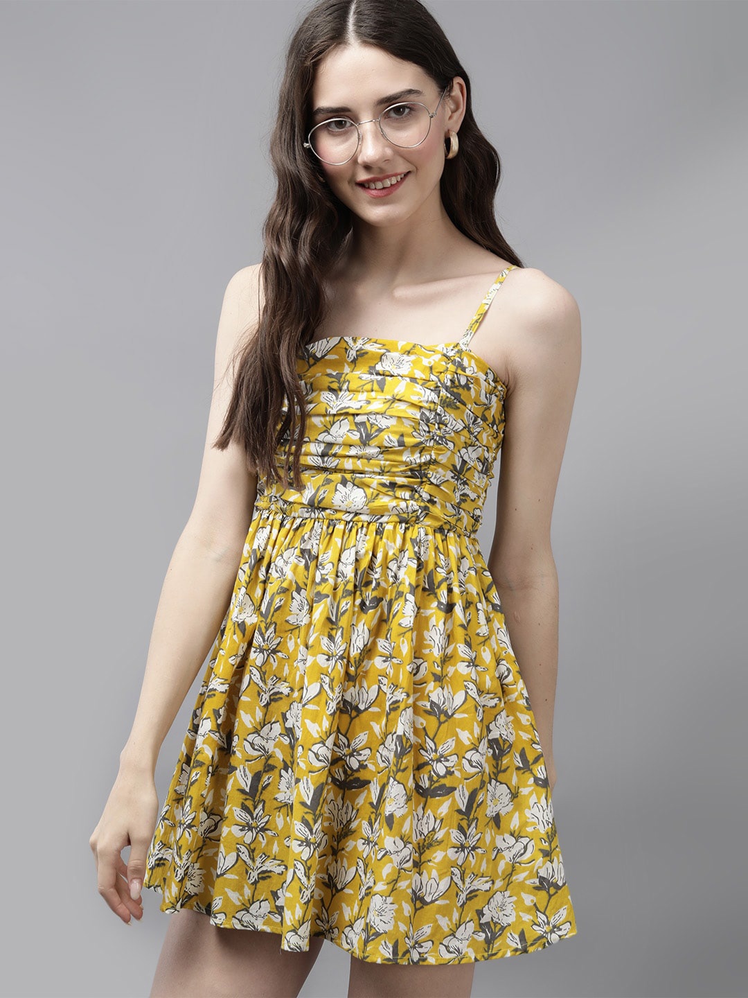 

Mast & Harbour Floral Printed Shoulder Straps Gathered Deatil Fit & Flare Dress, Yellow