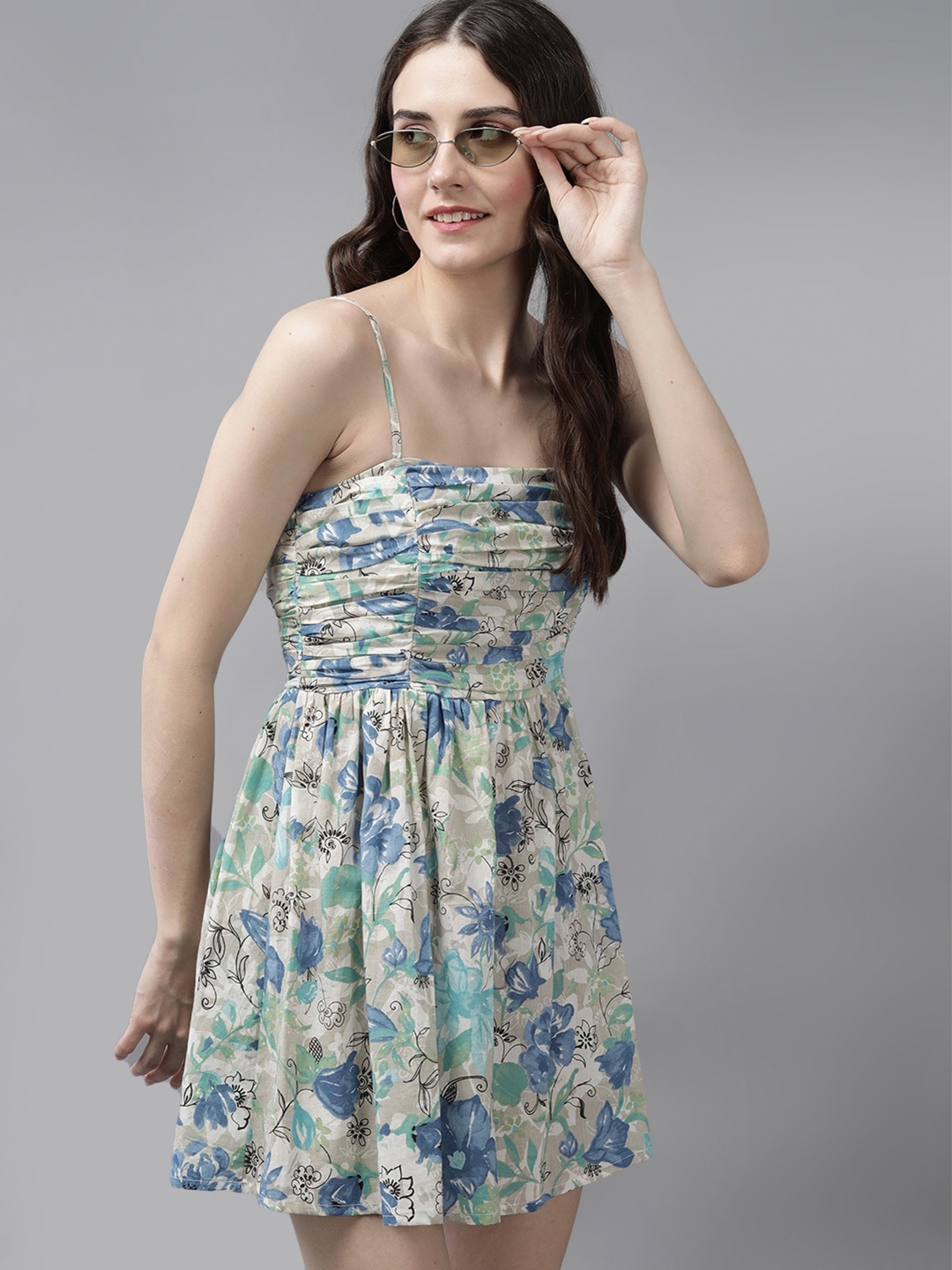 

Mast & Harbour Floral Printed Shoulder Straps Gathered Deatil Fit & Flare Dress, Blue