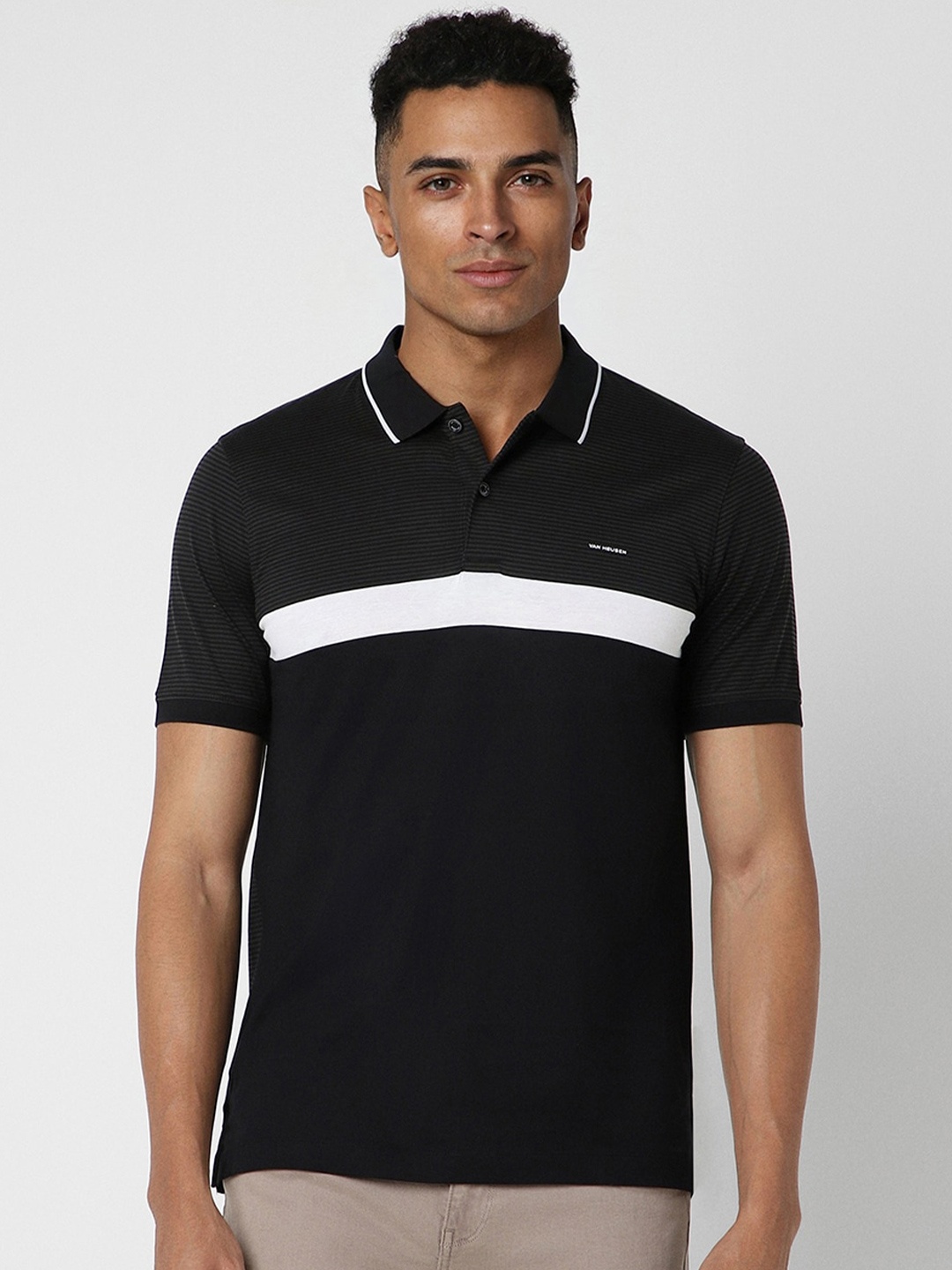 

Van Heusen Striped Polo Collar Casual Knitted T-shirt, Black