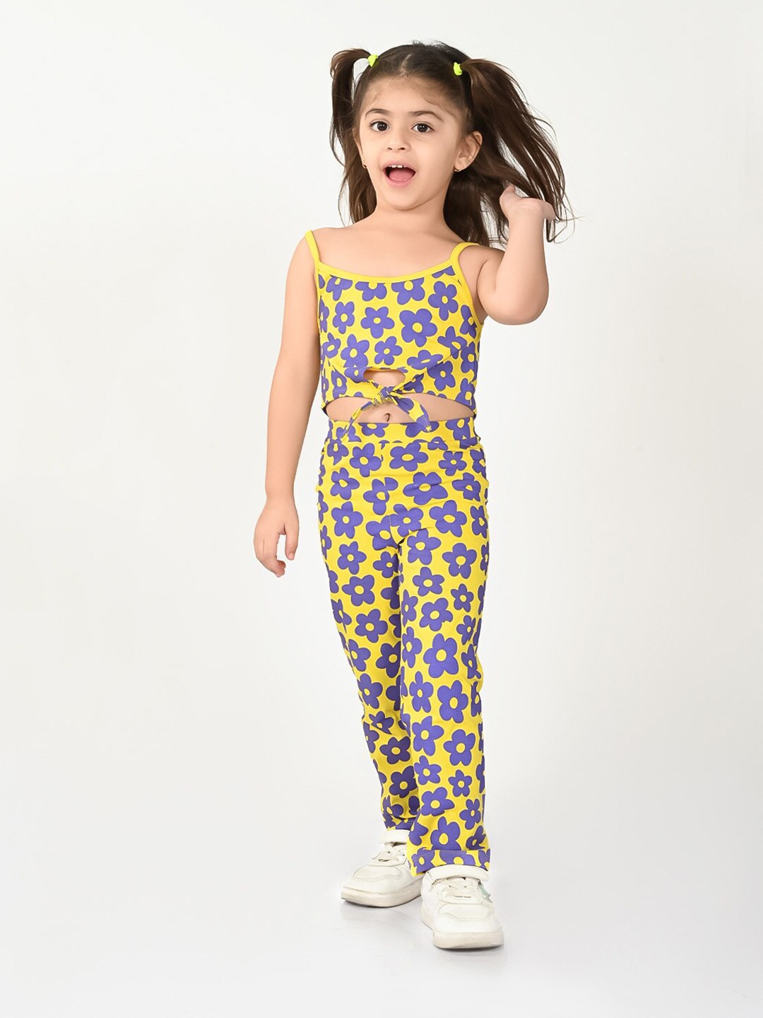 

BONKIDS Girls Abstract Printed Pure Cotton Crop Top with Trousers, Yellow