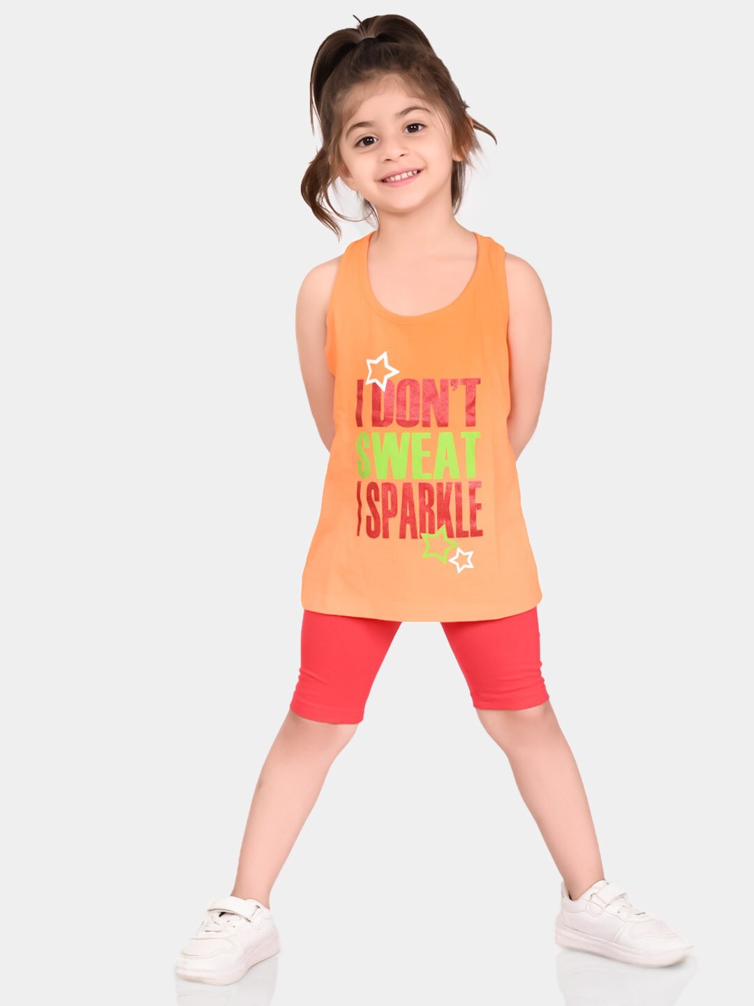 

BONKIDS Girls Typography Printed Pure Cotton T-Shirt with Shorts, Orange