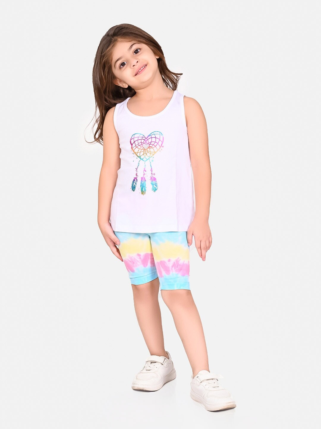 

BONKIDS Girls Printed Cotton T-shirt With Shorts, White
