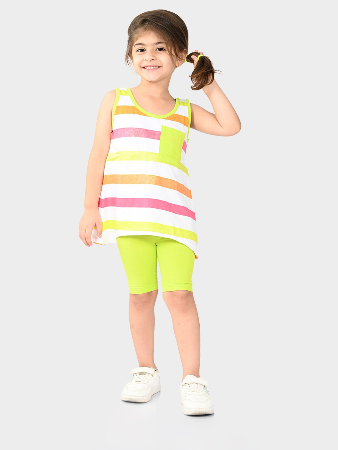 

BONKIDS Girls Striped Cotton T-shirt With Shorts, Green