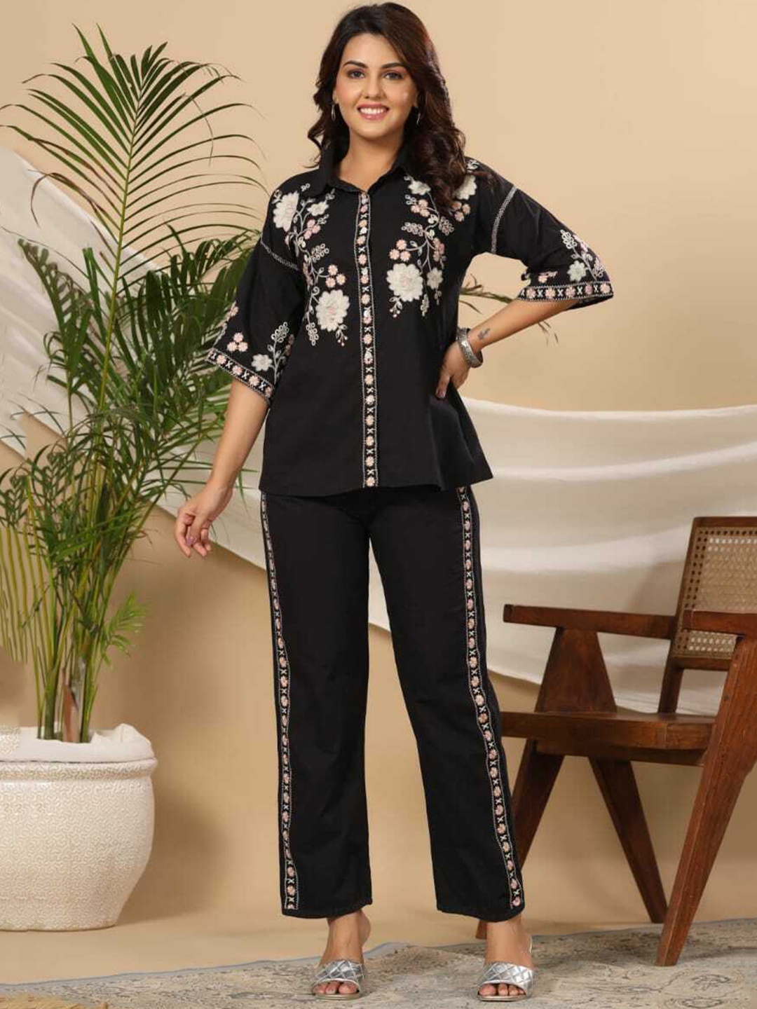 

KAJREE Embroidered Pure Cotton Shirt With Trousers, Black