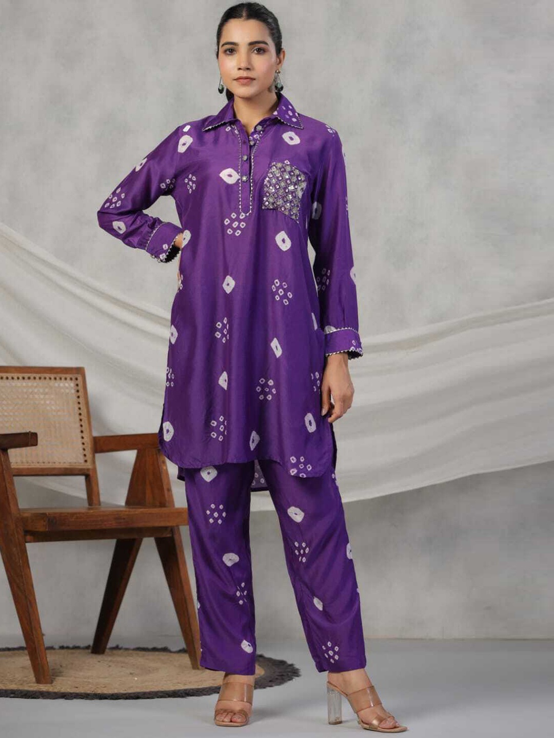 

KAJREE Ethnic Motifs Printed Shirt Collar Pathani Kurti & Trousers, Purple