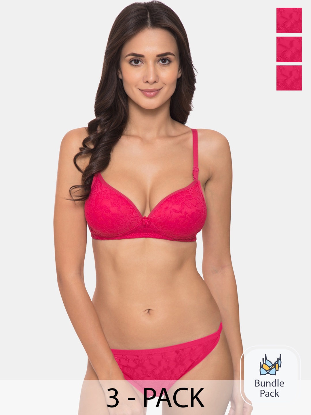

KOMLI Pack Of 3 Self Design Cotton Lingerie Set, Pink