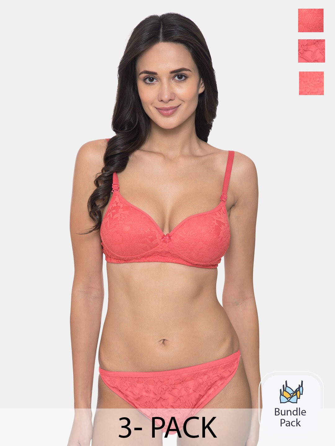 

KOMLI Pack Of 3 Self Design Lingerie Set, Coral