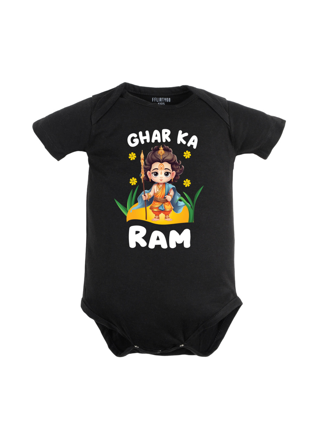 

FFLIRTYGO Infants Typography Printed Dussehra Special Pure Cotton Bodysuit, Black