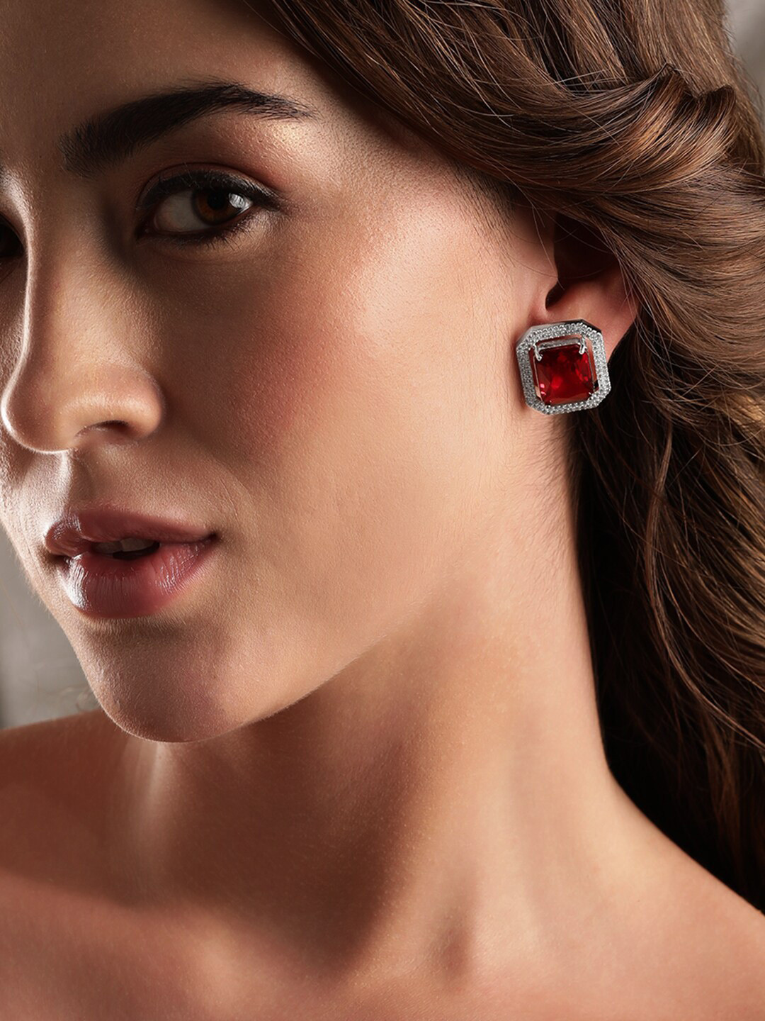 

Rubans Red & Silver-Toned Geometric Studs Earrings
