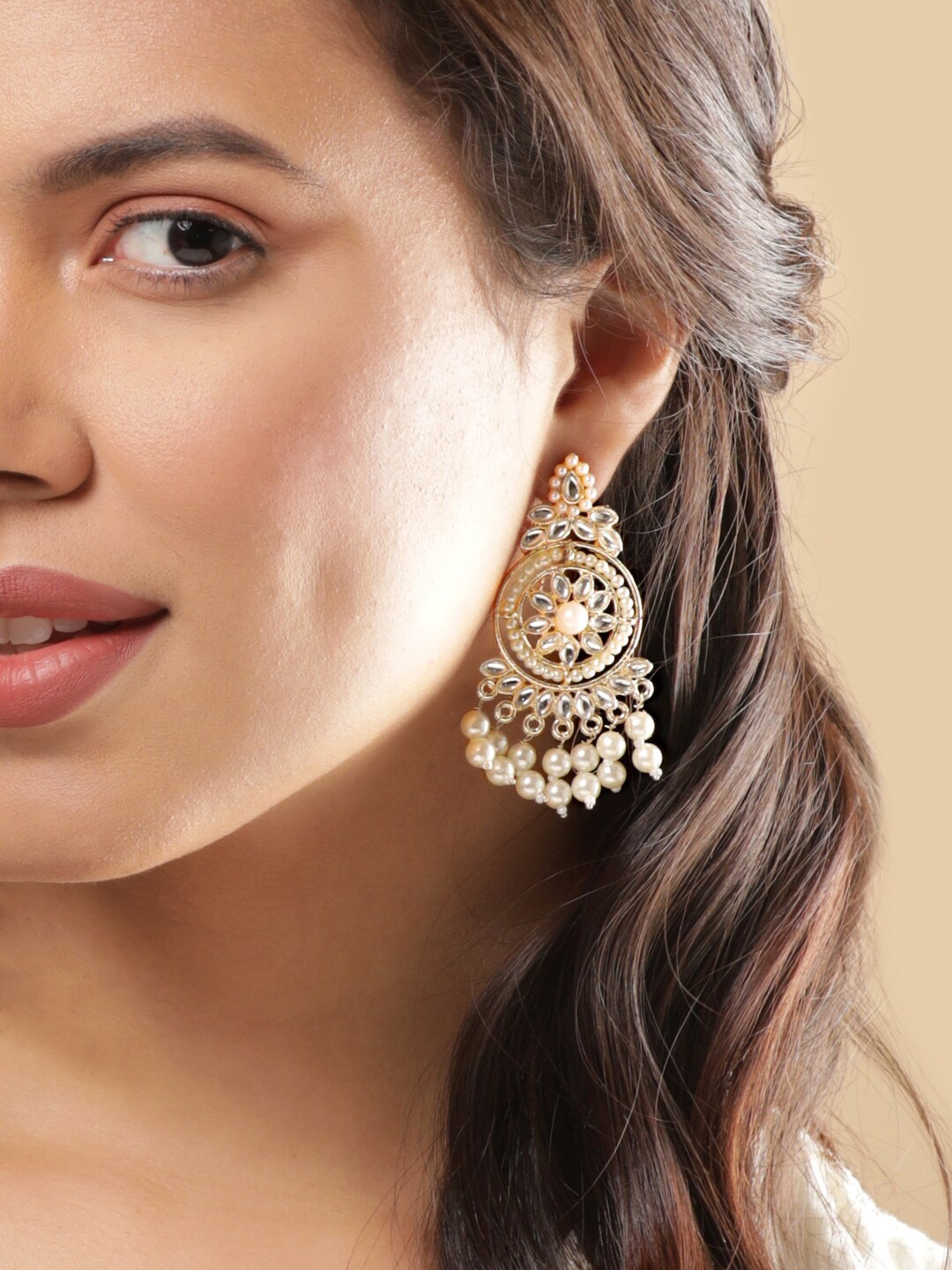 

Rubans Gold-Toned Crescent Shaped CZ and Pearl Beaded Chandbalis Earrings