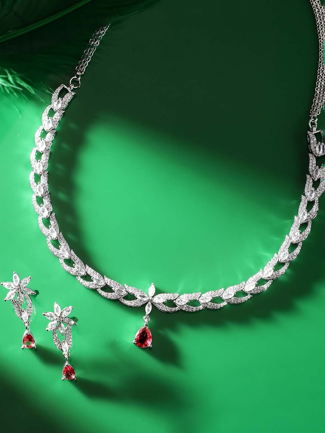 

Rubans Rhodium-Plated CZ-Studded Necklace & Earrings, Silver