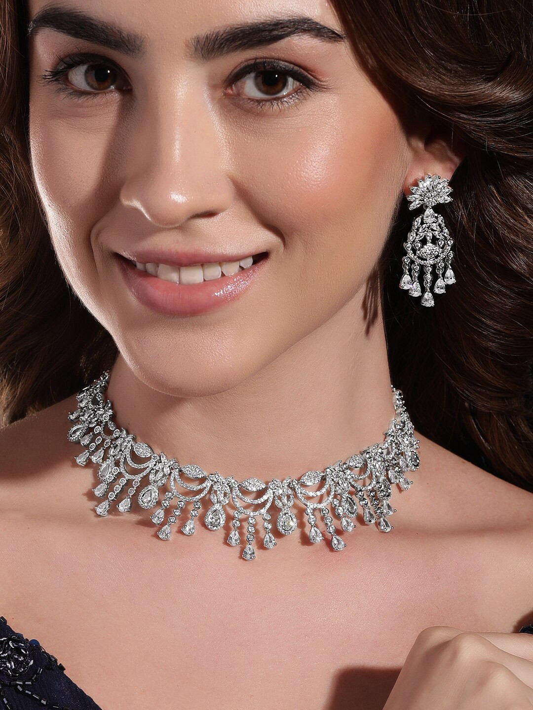 

Rubans Rhodium-Plated CZ-Studded Necklace & Earrings, Silver