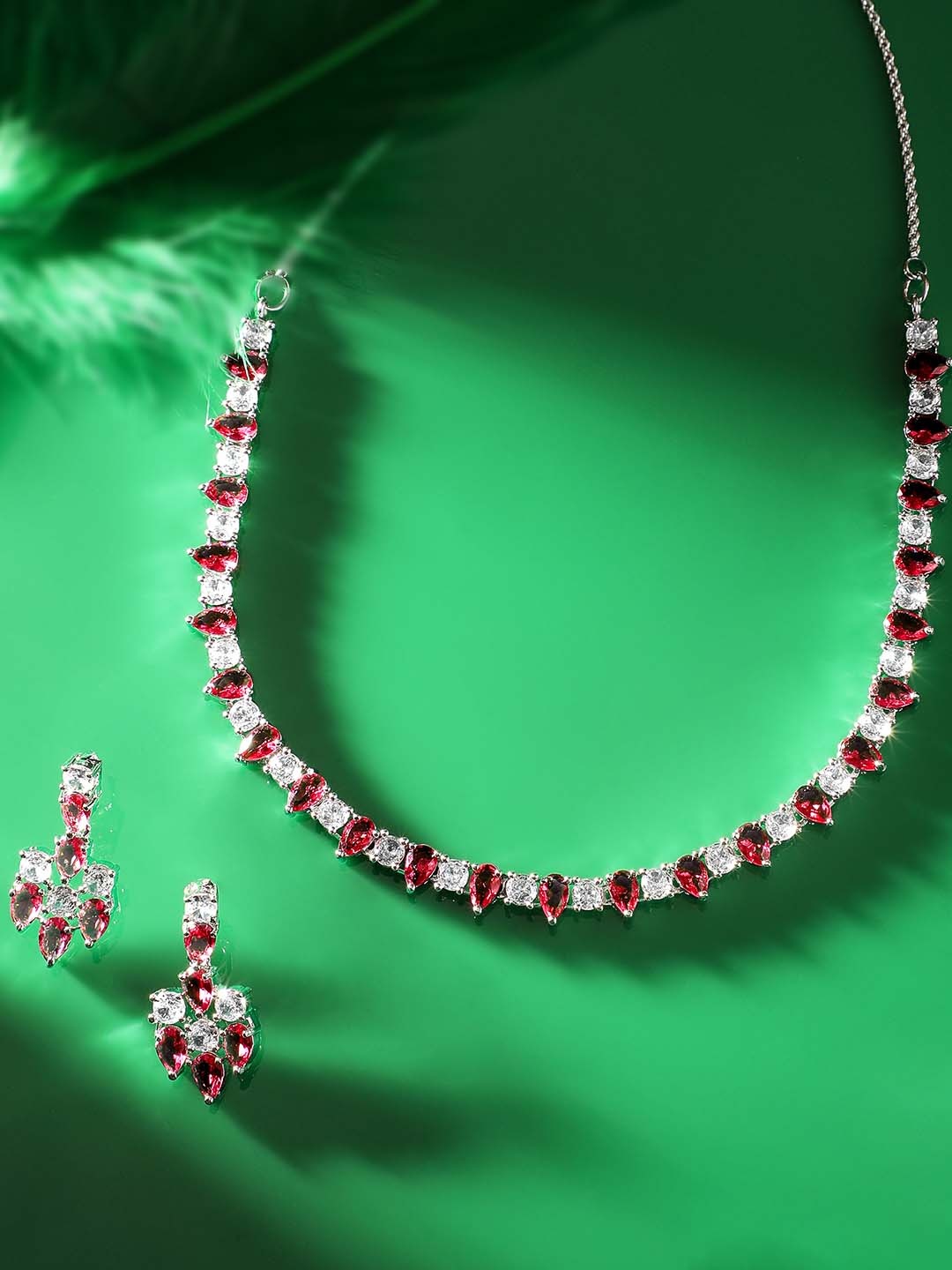 

Rubans Rhodium Plated Ruby & CZ Studded Necklace Set, Silver