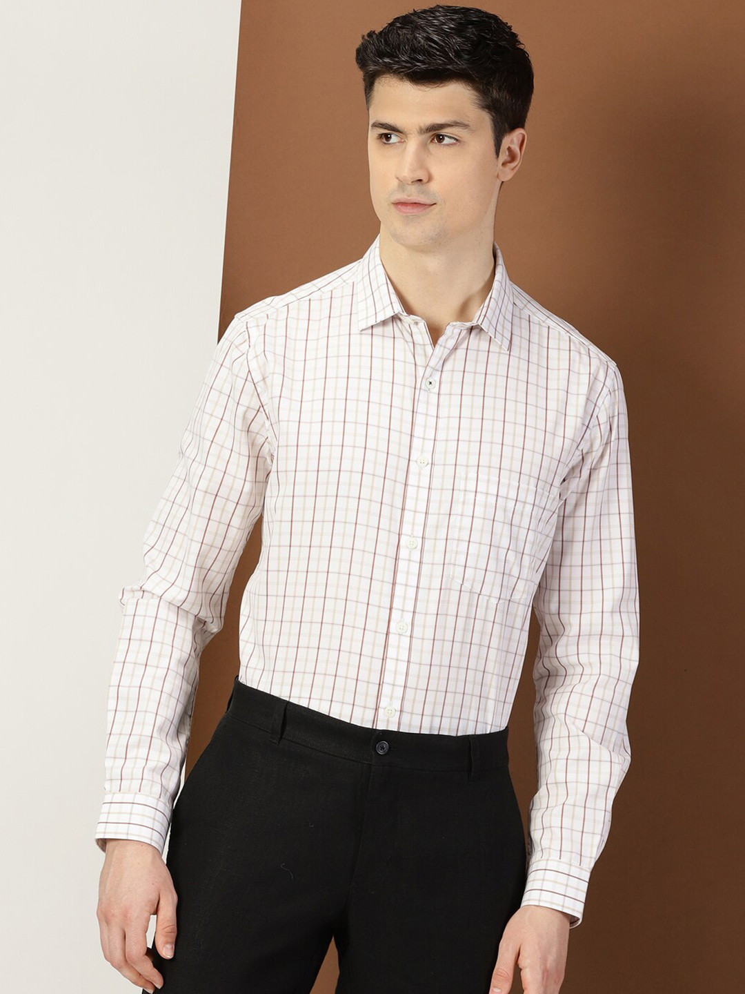 

INVICTUS Original Slim Fit Grid Tattersall Checks Pure Cotton Formal Shirt, Off white