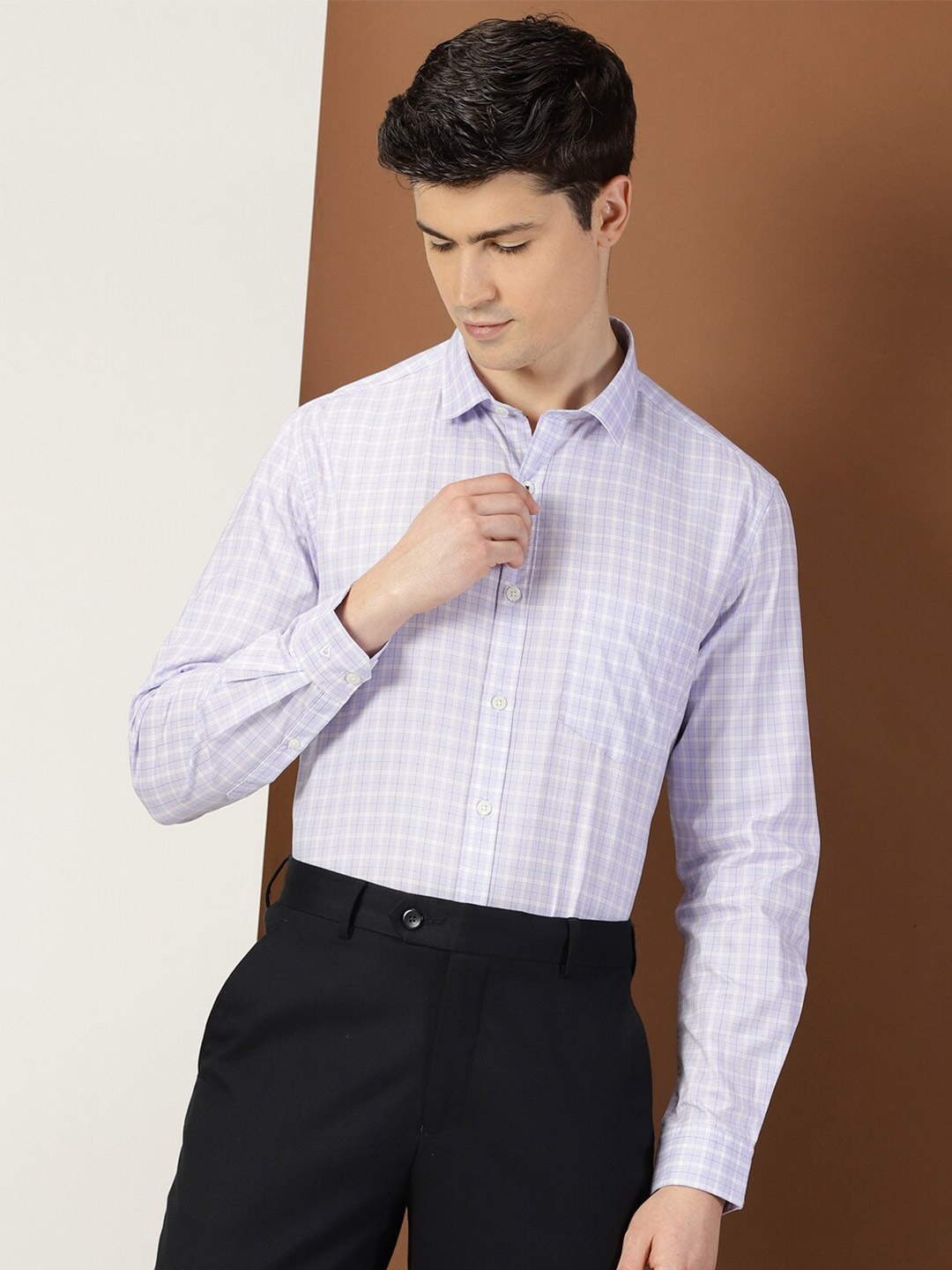 

INVICTUS Original Slim Fit Checked Spread Collar Long Sleeve Cotton Formal Shirt, Lavender