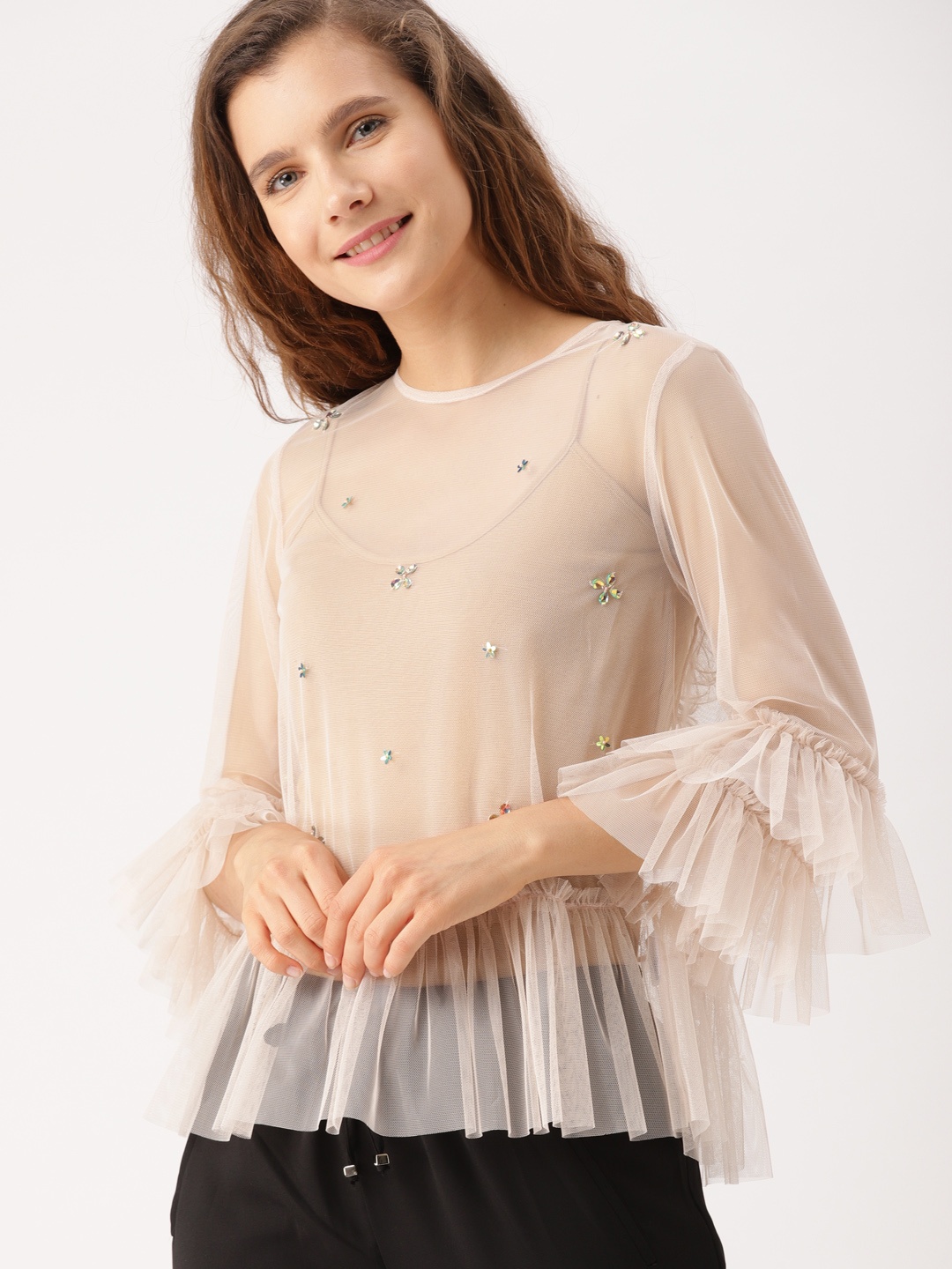 

DressBerry Women Peach-Coloured Embellished Sheer Top