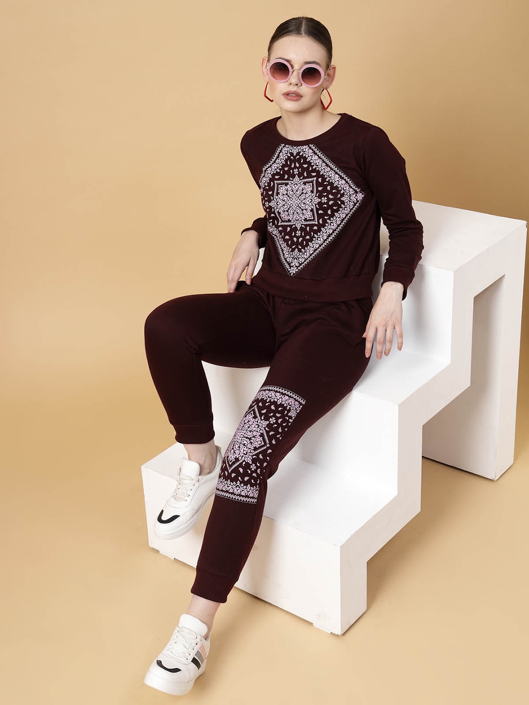 

Rigo Ethnic Motifs Printed Round Neck Sweatshirt with Joggers Co-ord Set, Red