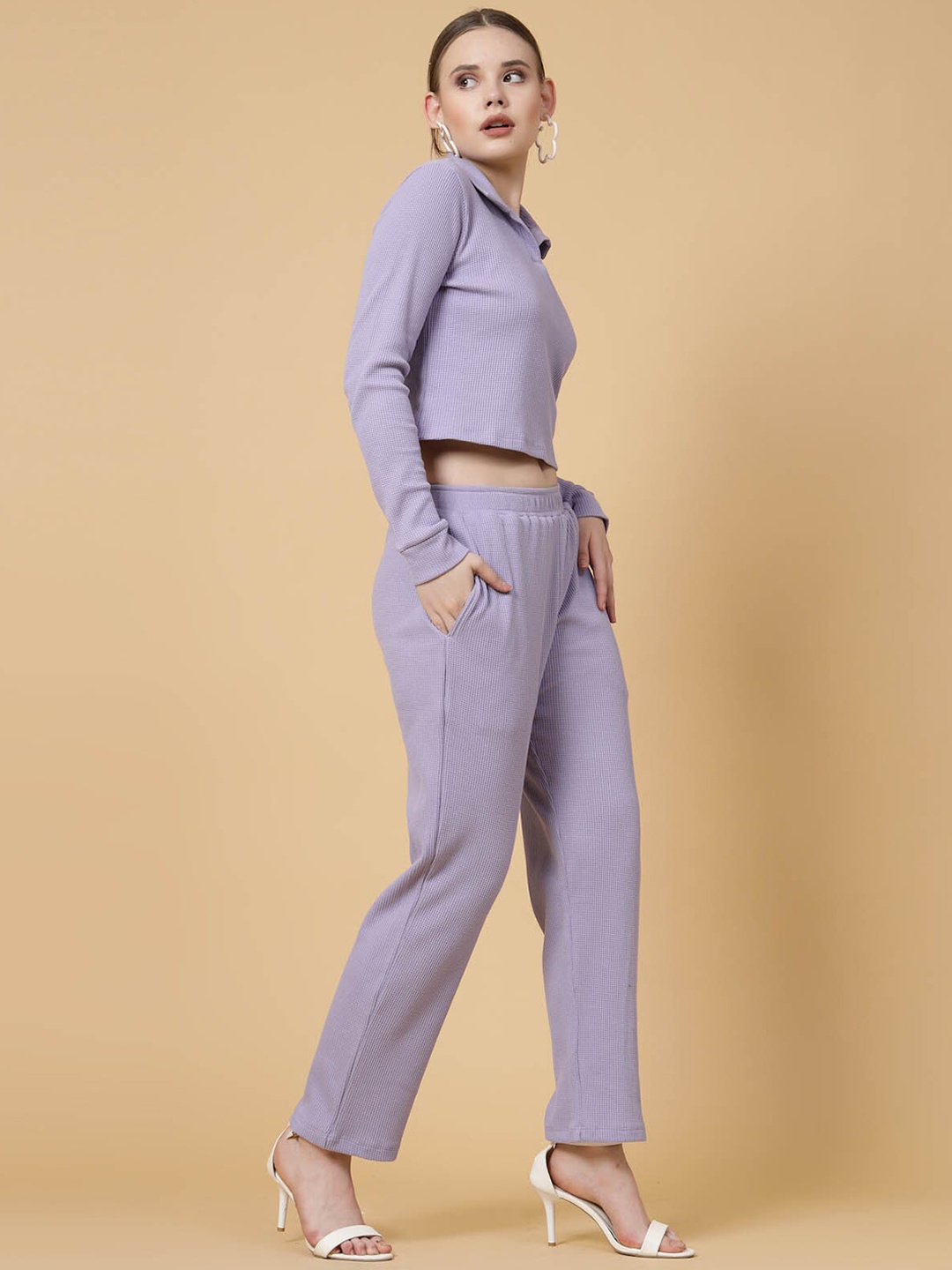 

Rigo Shirt Collar Crop T-Shirt with Trousers Co-Ord Set, Purple