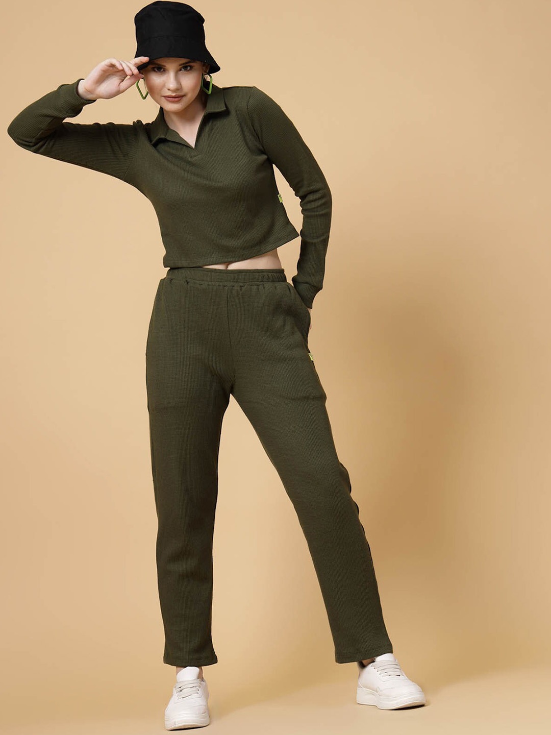 

Rigo Shirt Collar Crop T-Shirt with Trousers Co-Ord Set, Green