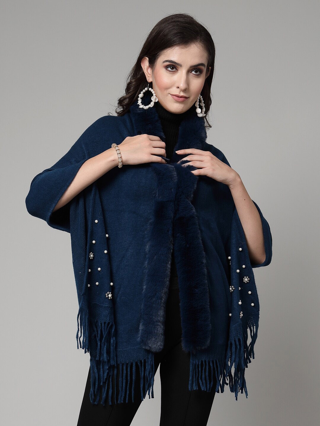 

Mafadeny Embellished Winterwear Poncho, Blue
