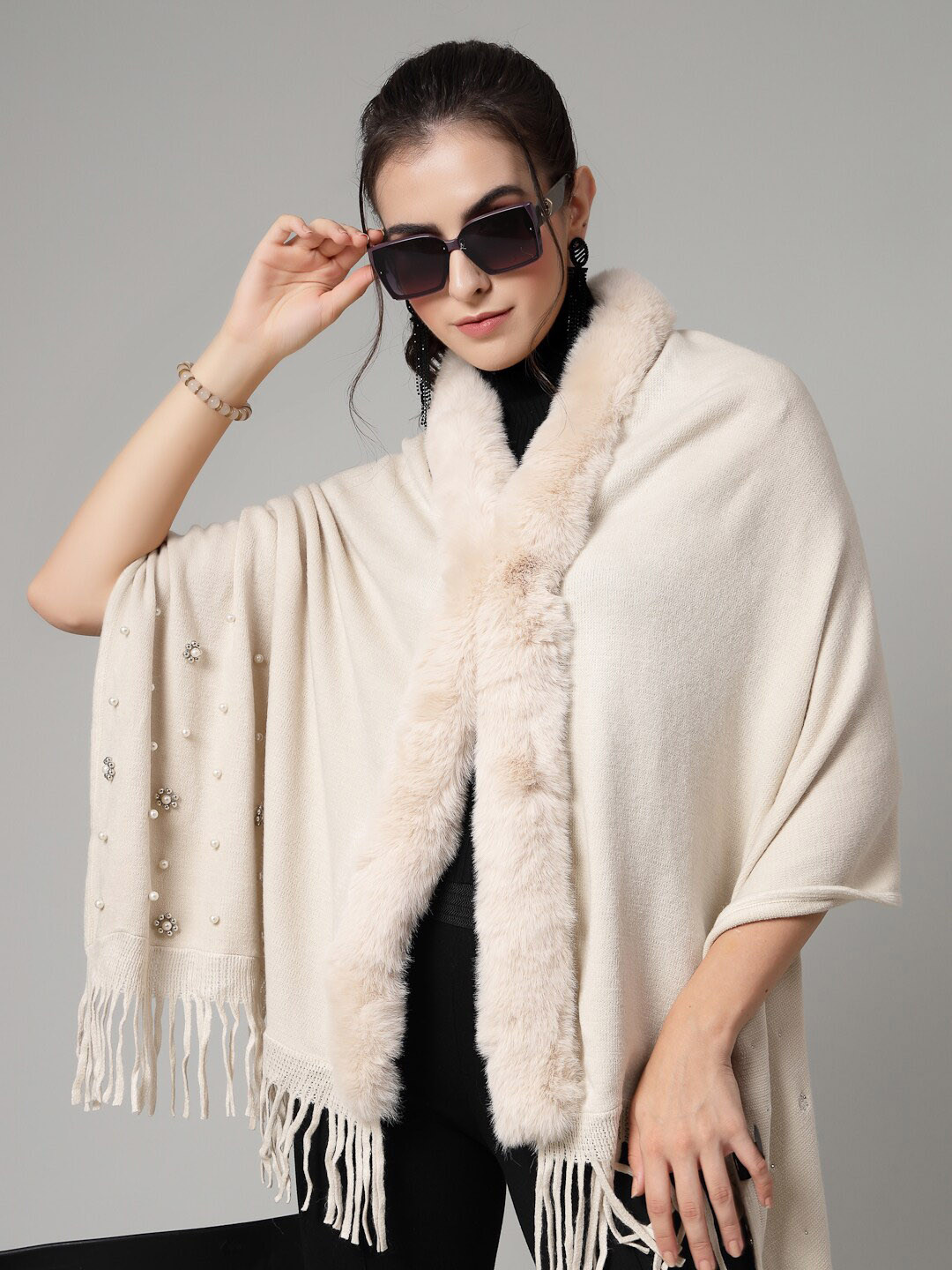 

Mafadeny Embroidered Longline Poncho, Cream