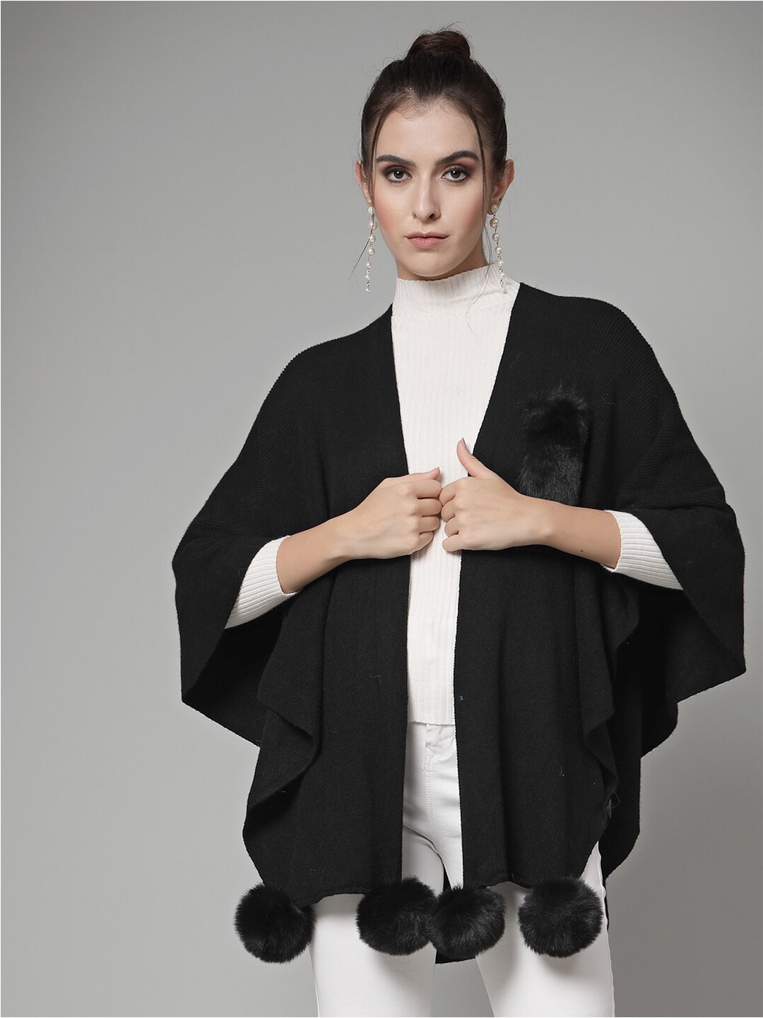 

Mafadeny V-Neck Front-Open Poncho, Black