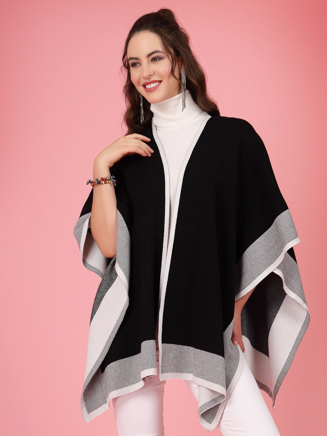 

Mafadeny Women Self Design Longline Poncho, Black