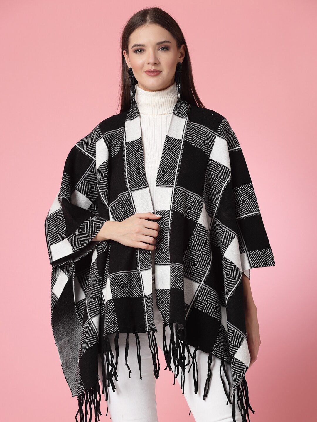 

Mafadeny Women Printed Longline Poncho with Fringed Detail, Black