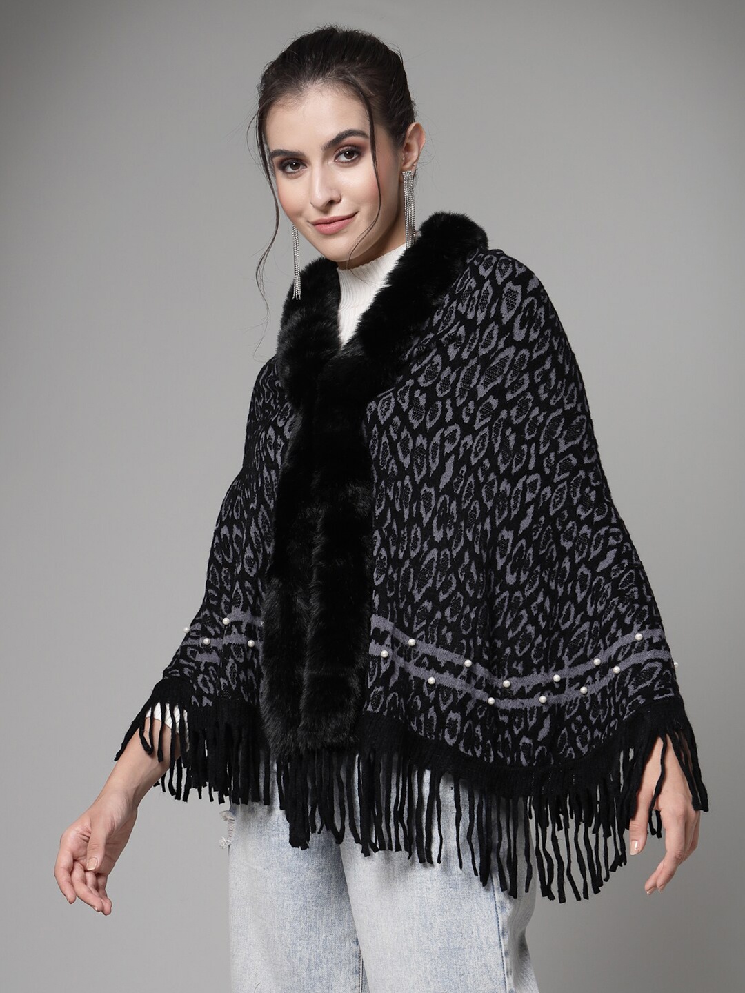 

Mafadeny Women Printed Longline Poncho with Fringed Detail, Black