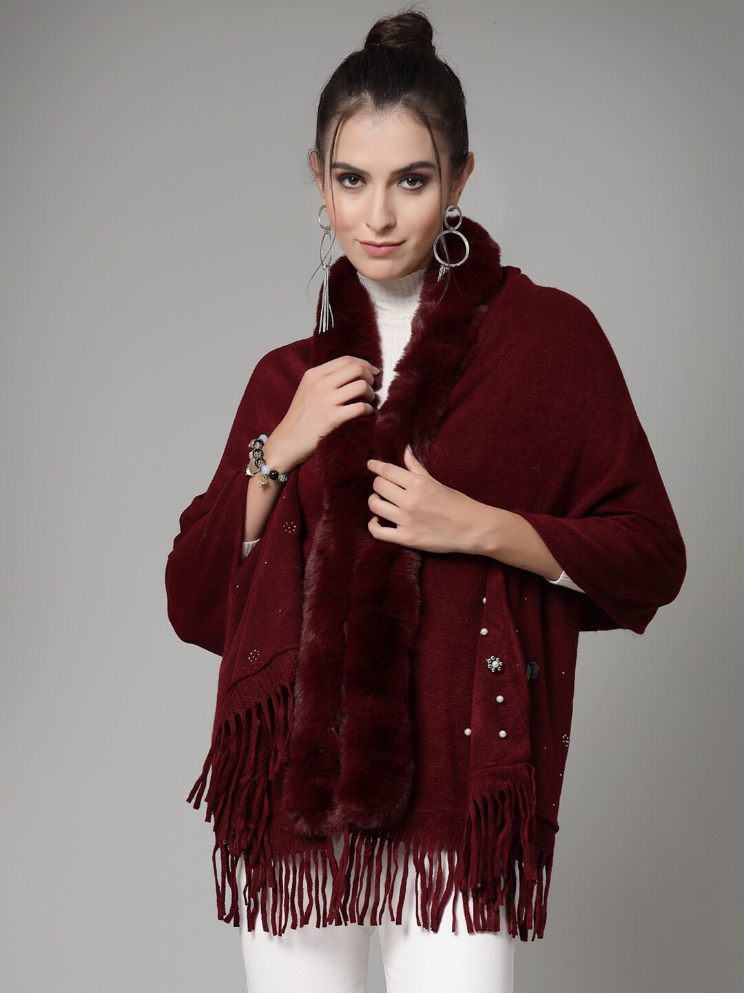 

Mafadeny V-Neck Fuzzy Longline Poncho, Maroon