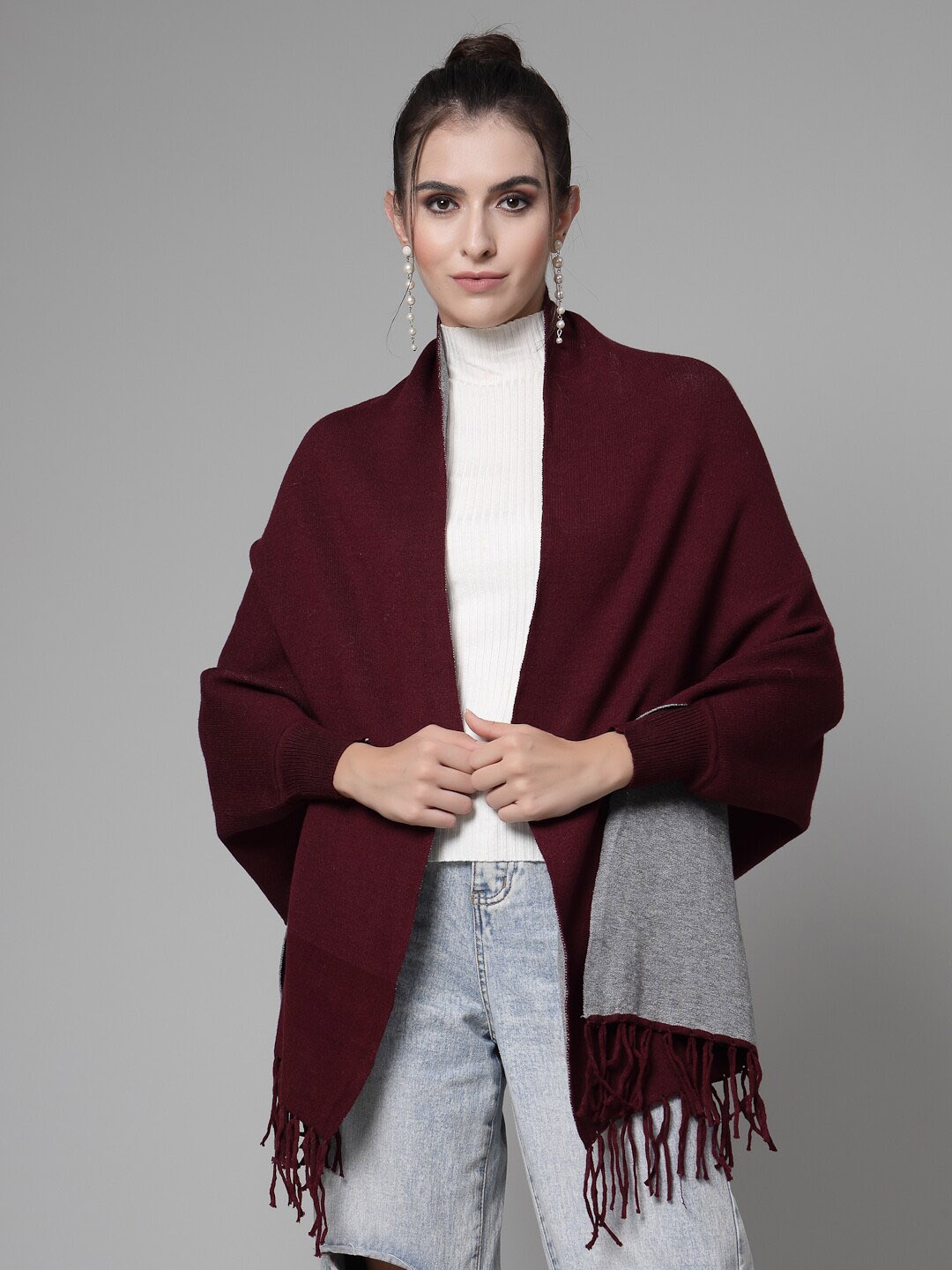 

Mafadeny Women Longline Poncho with Fringed Detail, Maroon