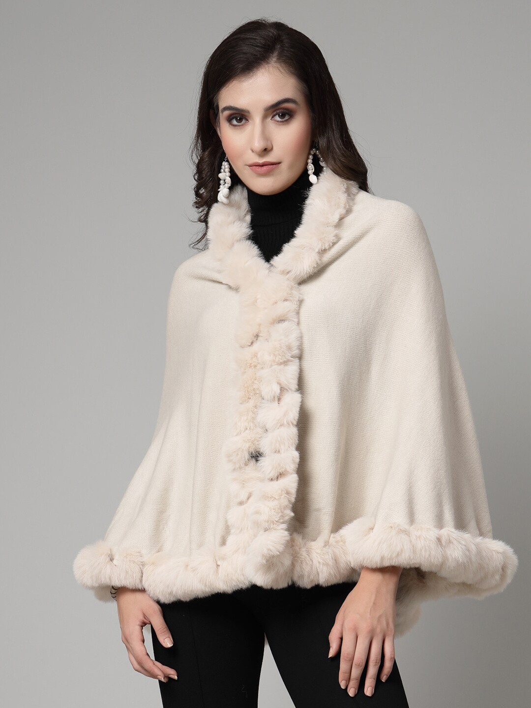 

Mafadeny Long Sleeves Poncho with Fuzzy Detail, Beige